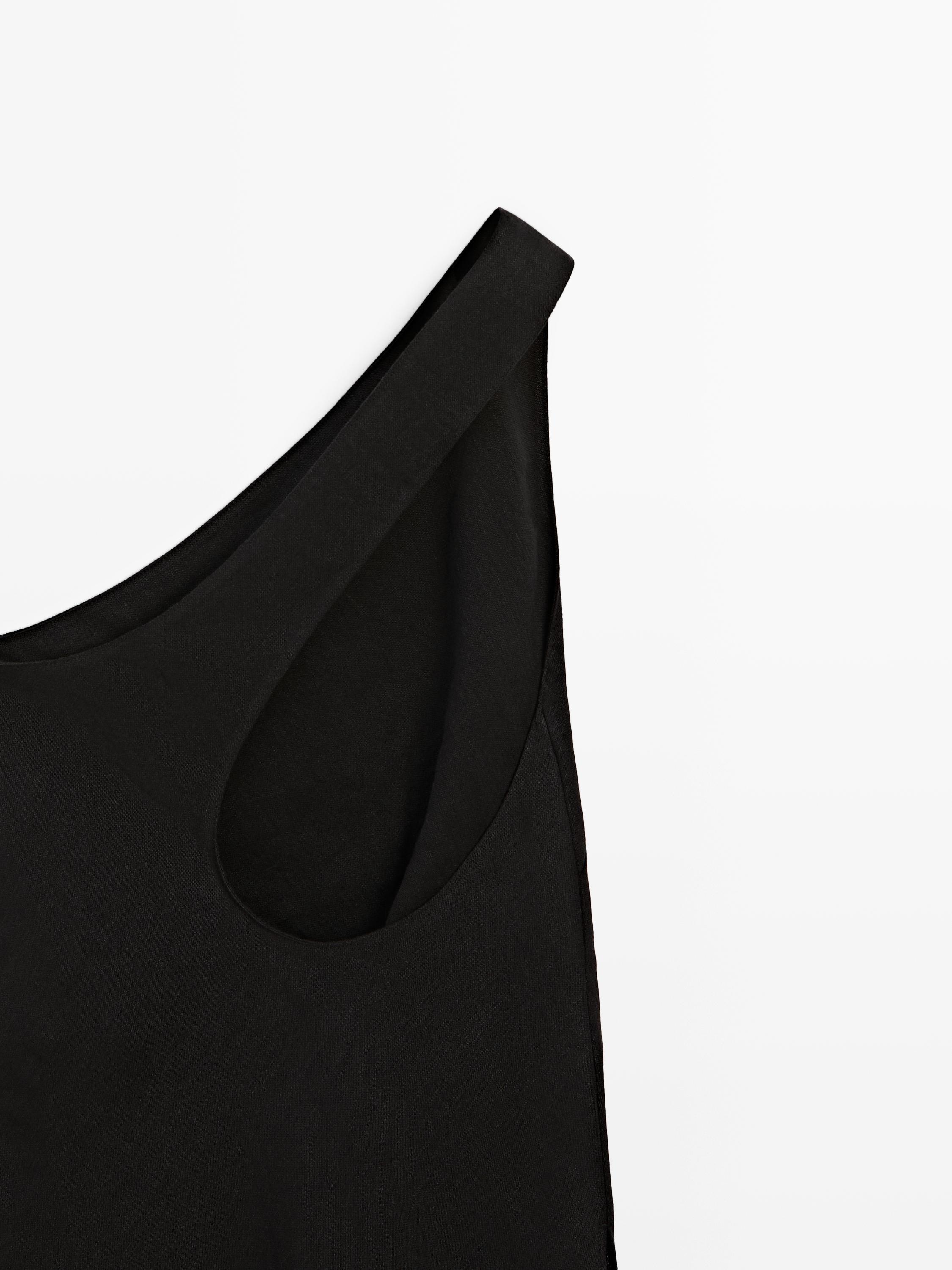 Asymmetric linen blend top with back detail — BLACK