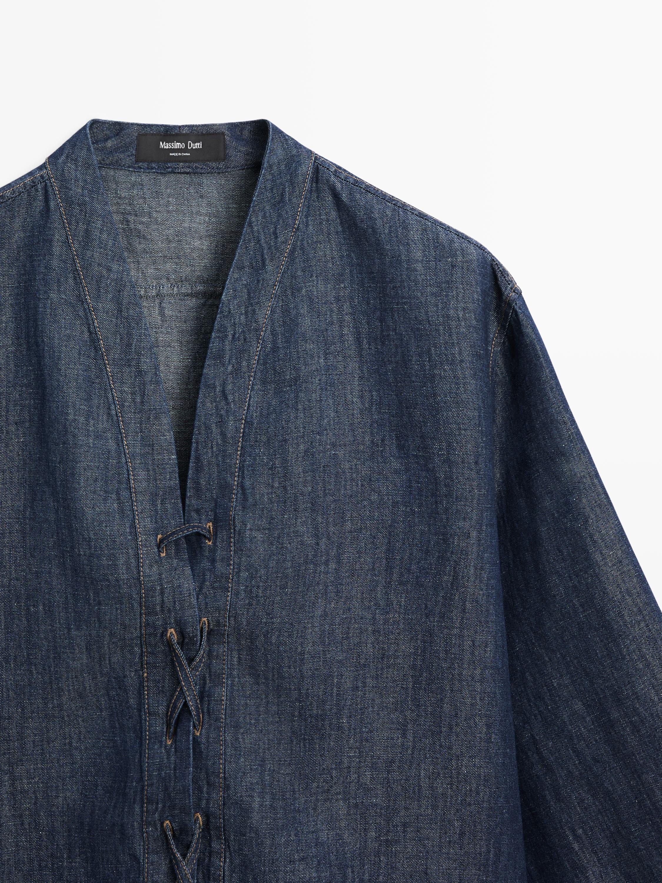 Total look linen blend denim shirt — DARK BLUE
