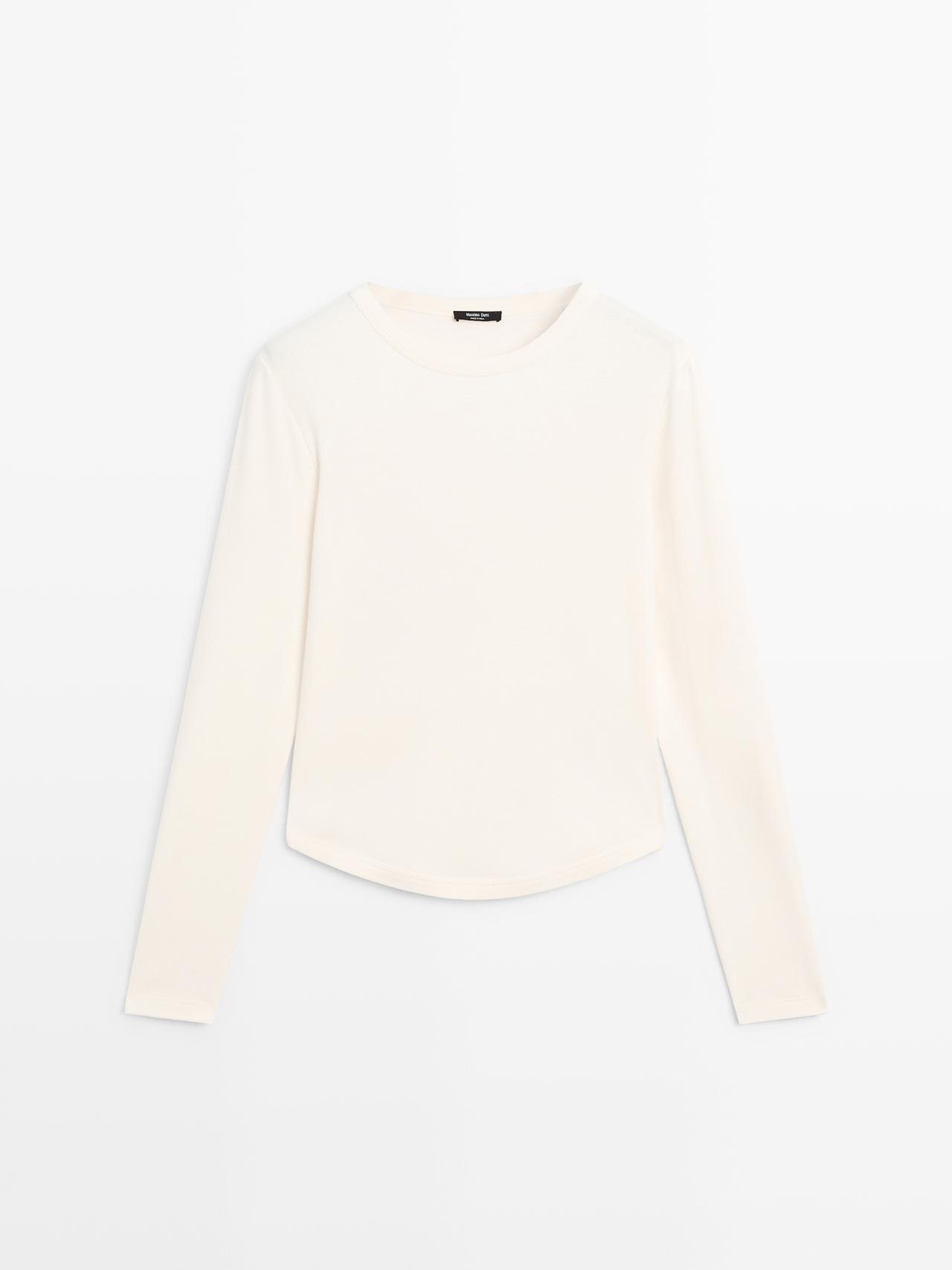 Massimo Dutti - Dame - Langærmet T-Shirt Med Afrundet Kant Forneden - Råhvid - Xl