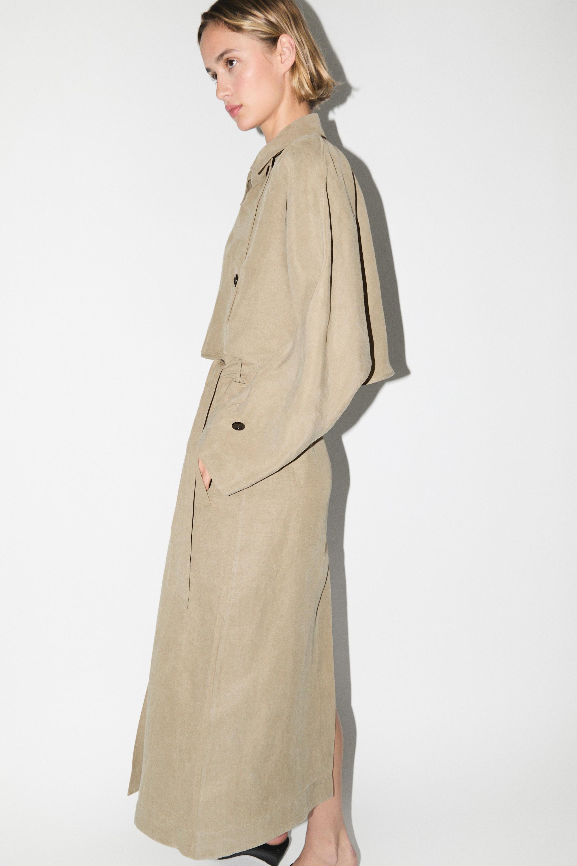 Linen blend trench coat with belt detail — SAND BROWN