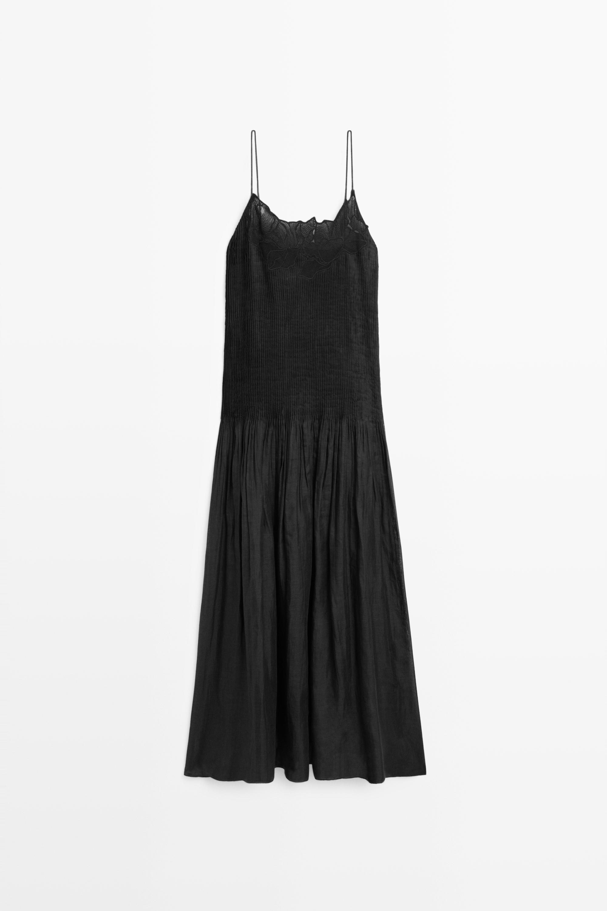 Flowing embroidered midi dress with pintuck detail