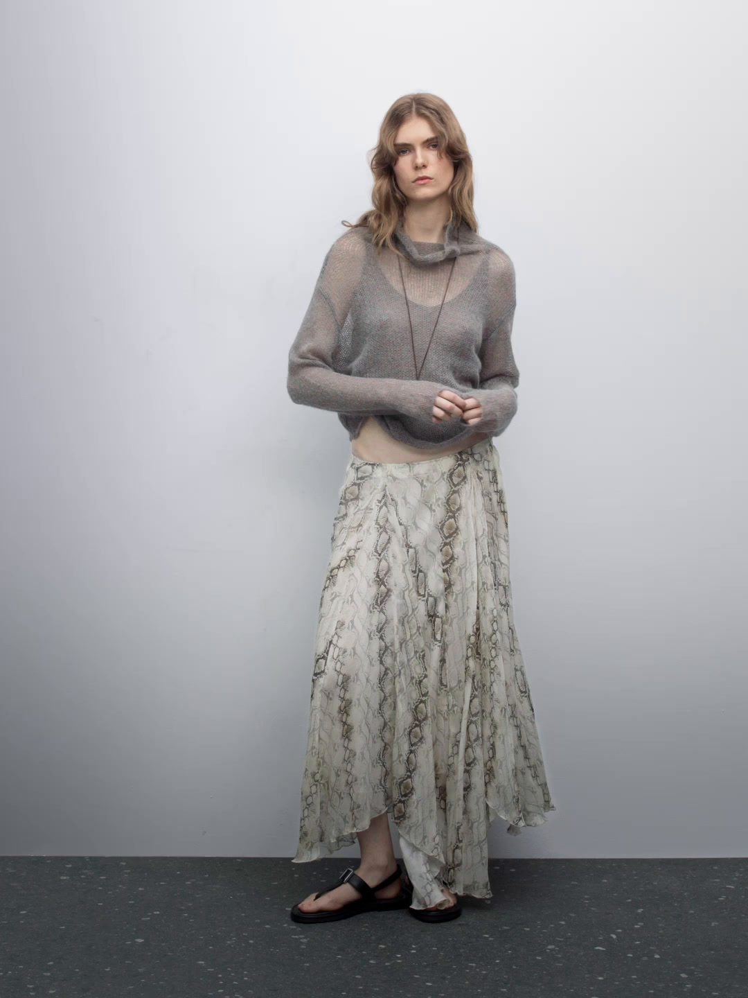Snakeskin print midi skirt with flounce