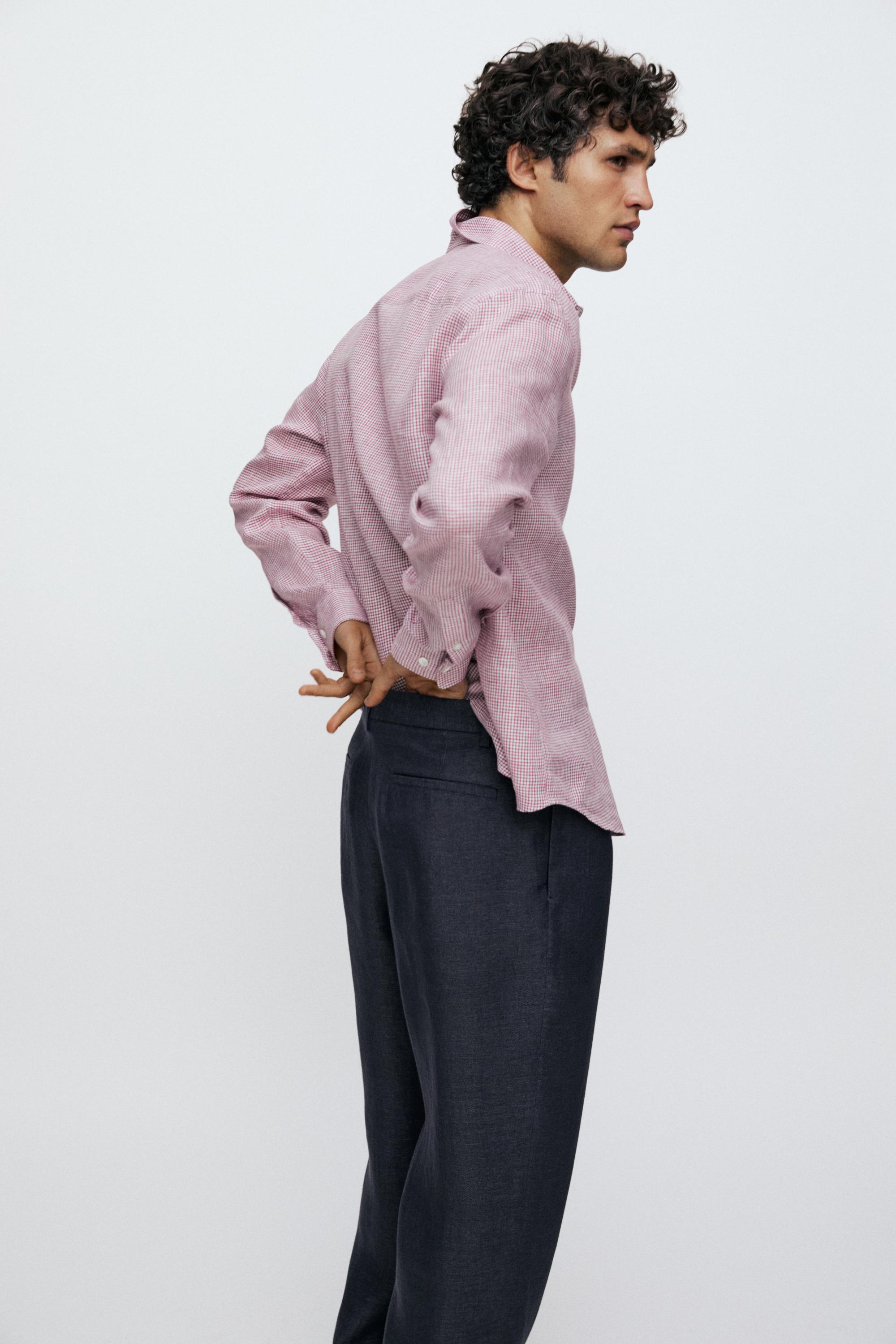 100% linen regular fit micro-checked shirt — BRIGHT RED