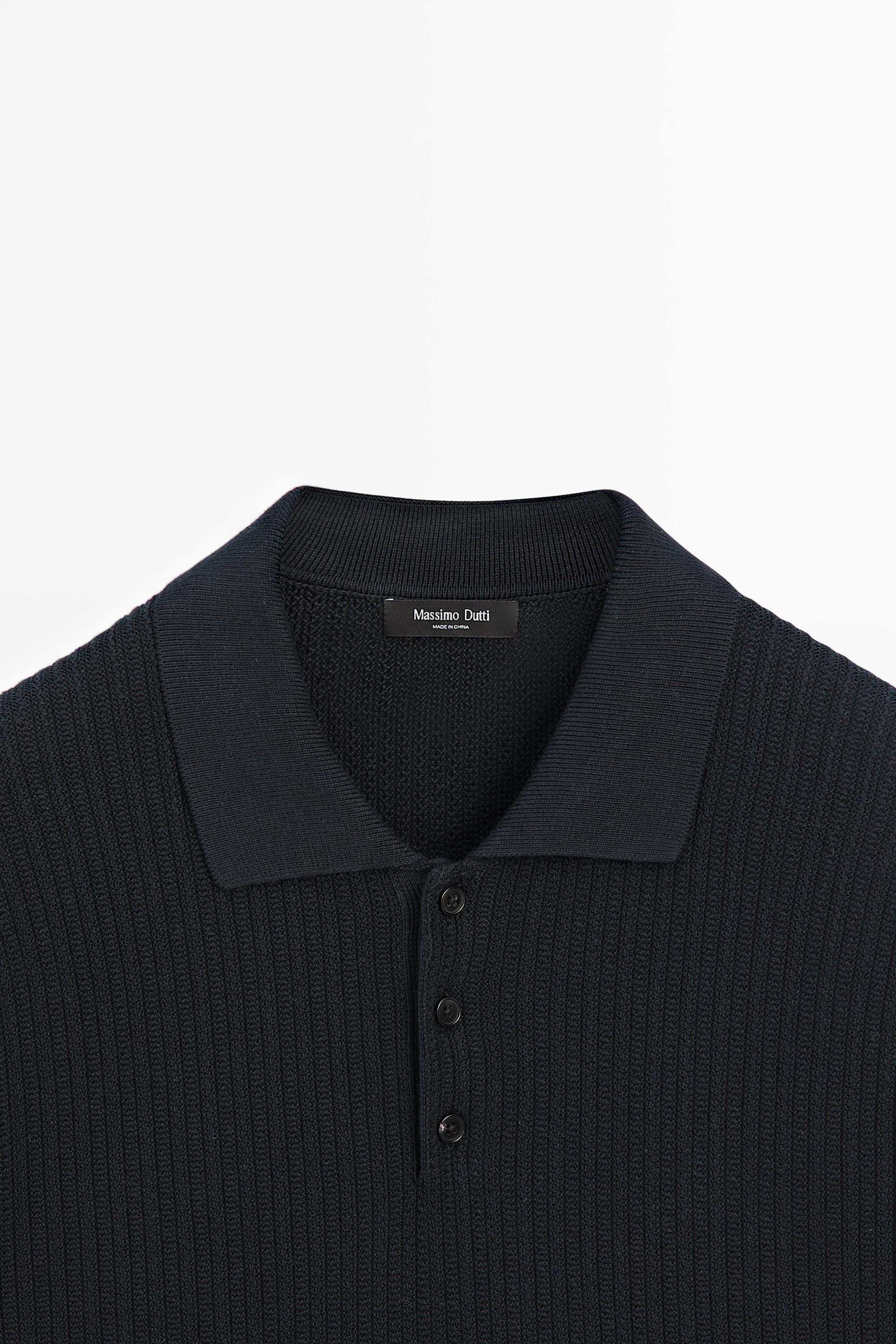 100% cotton textured knit polo sweater — NAVY BLUE