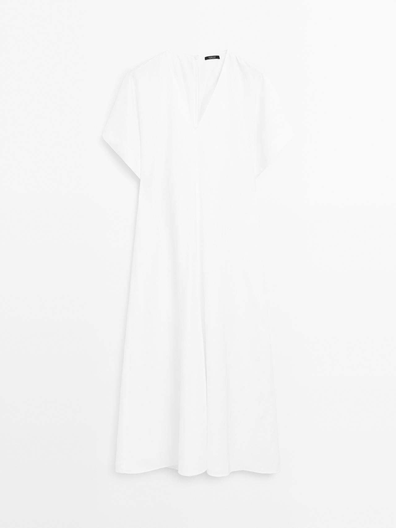 Massimo Dutti - Dame - Midikjole Med V-Udskæring Og Svaj - Råhvid - 34