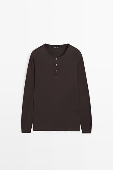 100% cotton long sleeve henley T-shirt — Chocolate 2