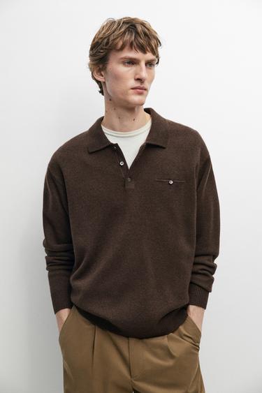 Knit pocket detail polo sweater — MOCHA 3