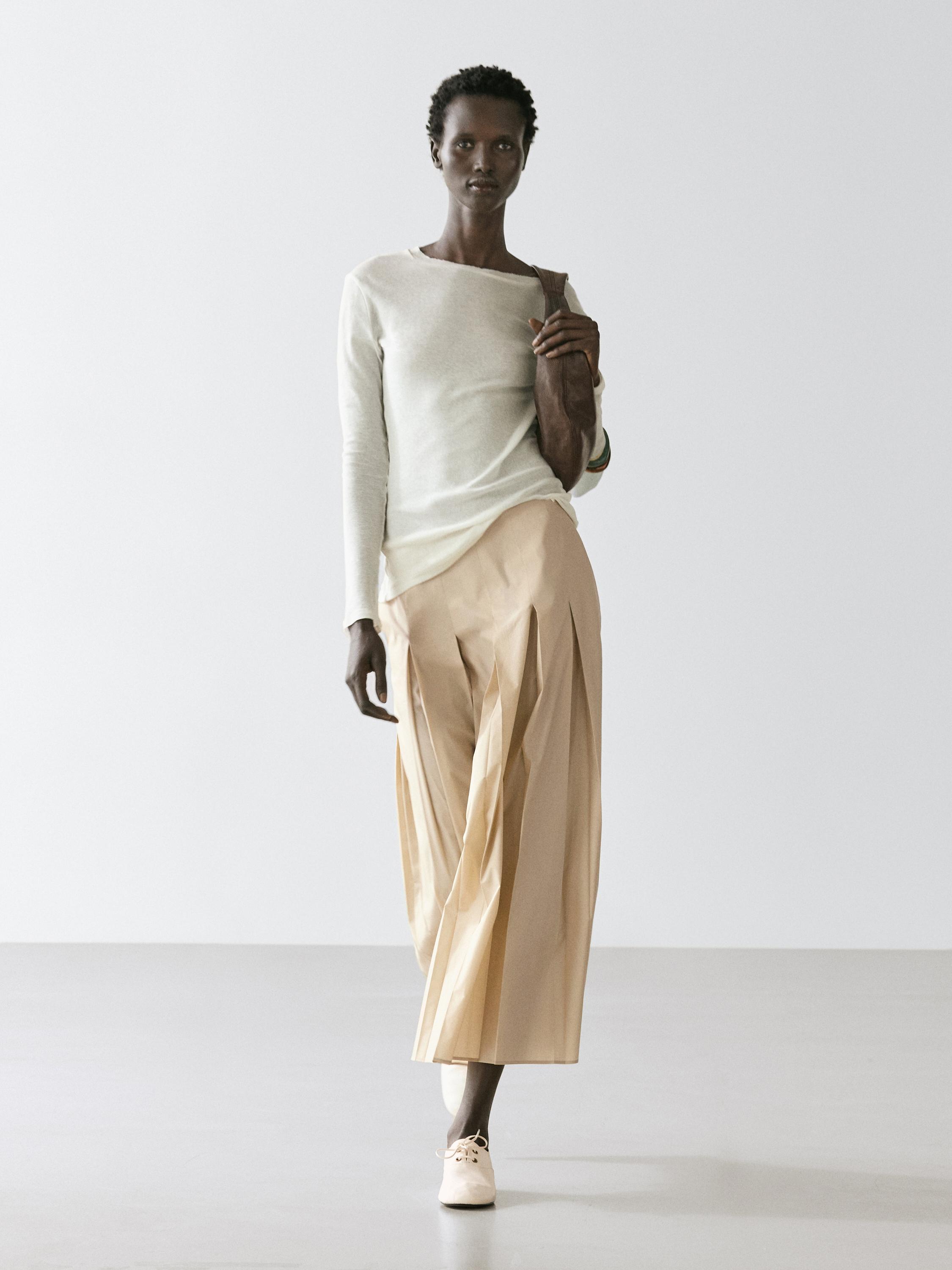 Cotton box pleat midi skirt — SAND