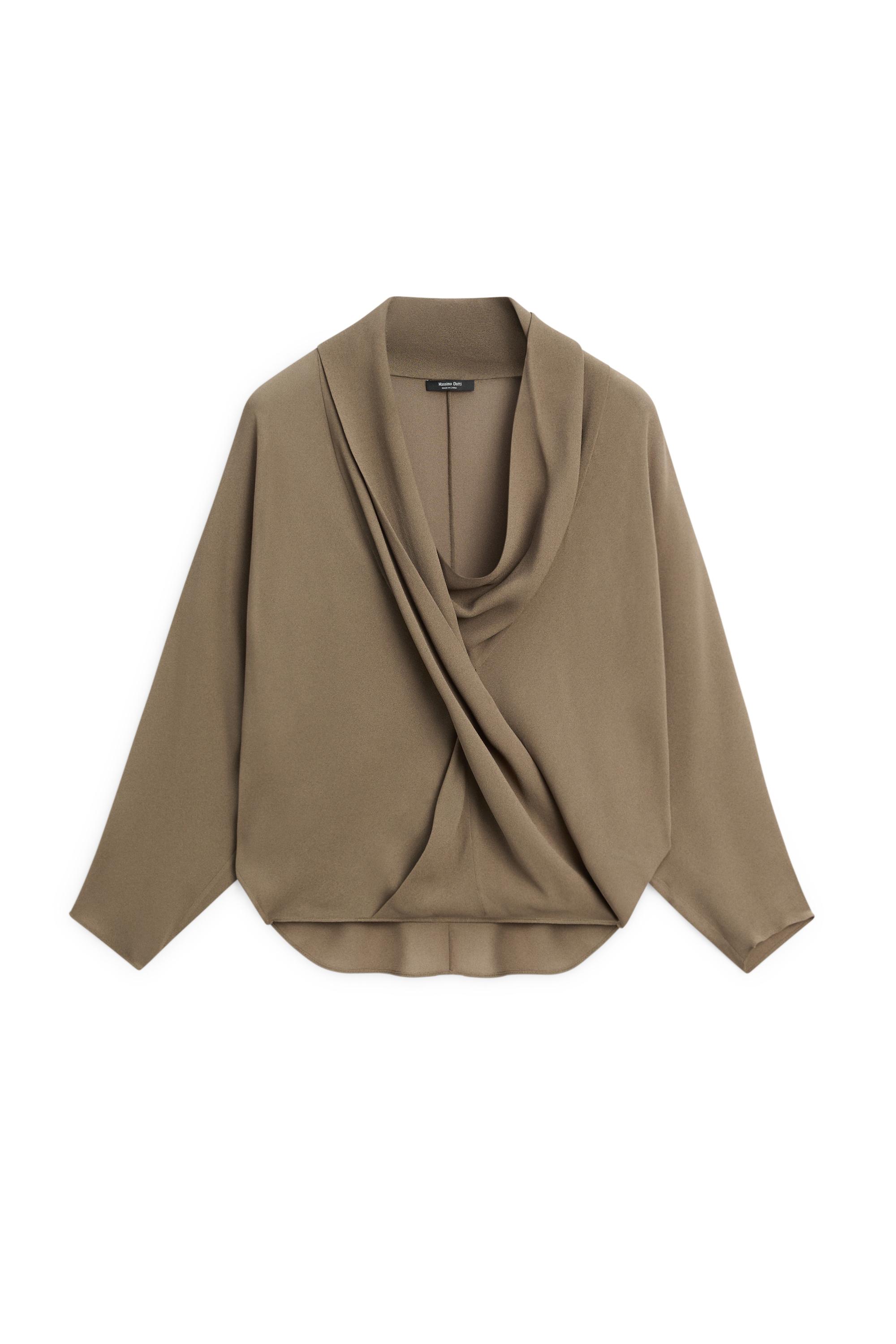 Flowy surplice draped neckline shirt — DARK KHAKI