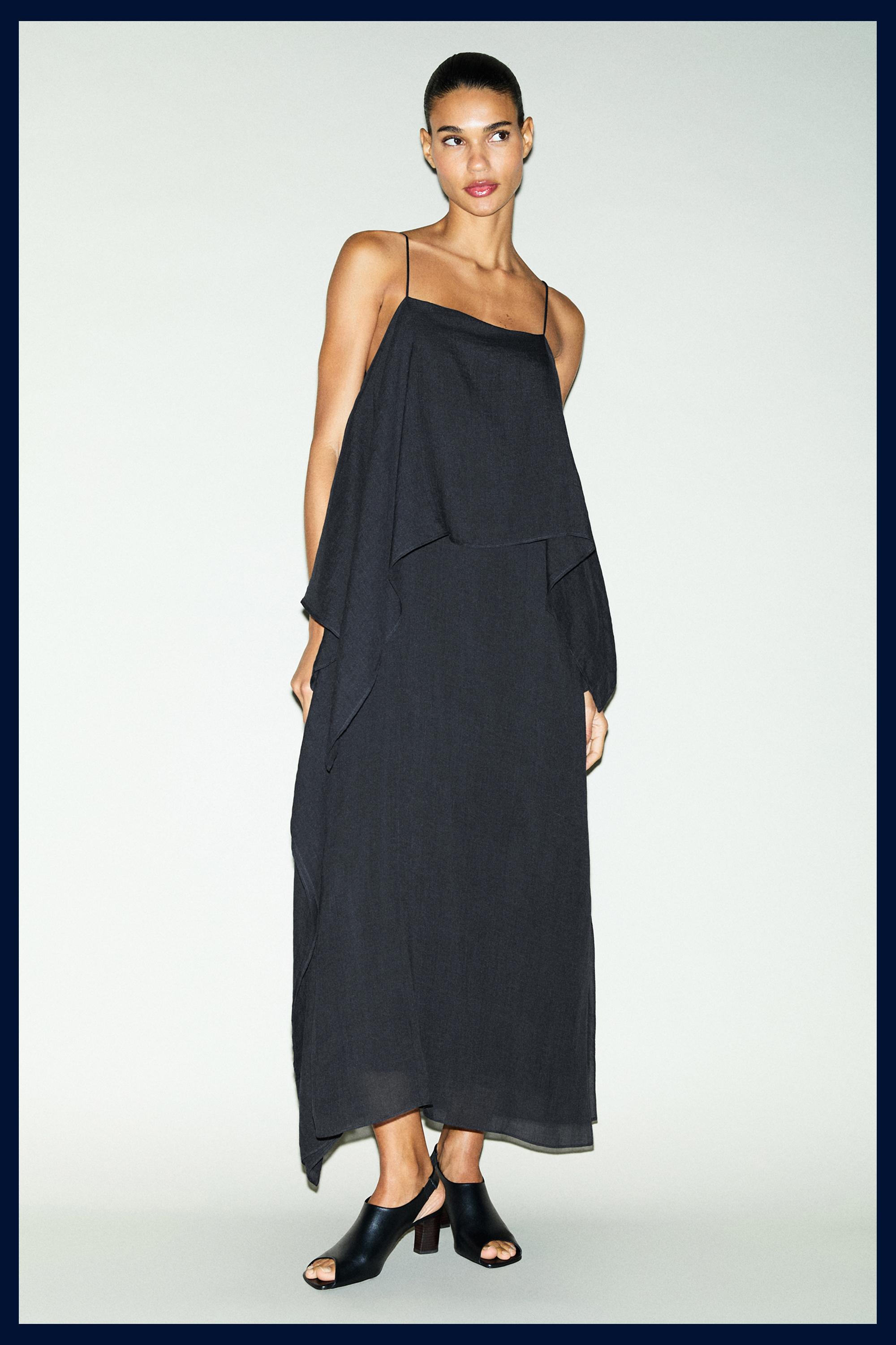 Midi dress with asymmetric ruffle detail — Dark Blue