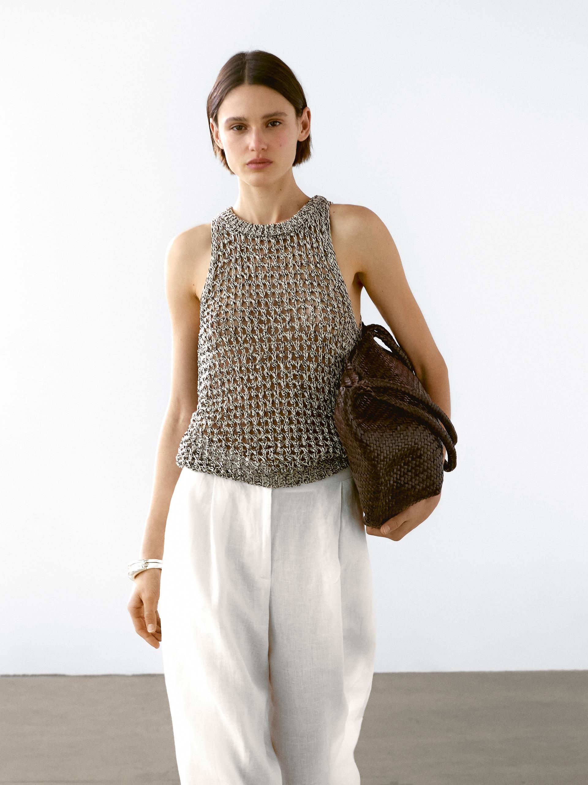 Top Halter Traforato In Misto Cotone - Beige - S - Massimo Dutti - Femminile