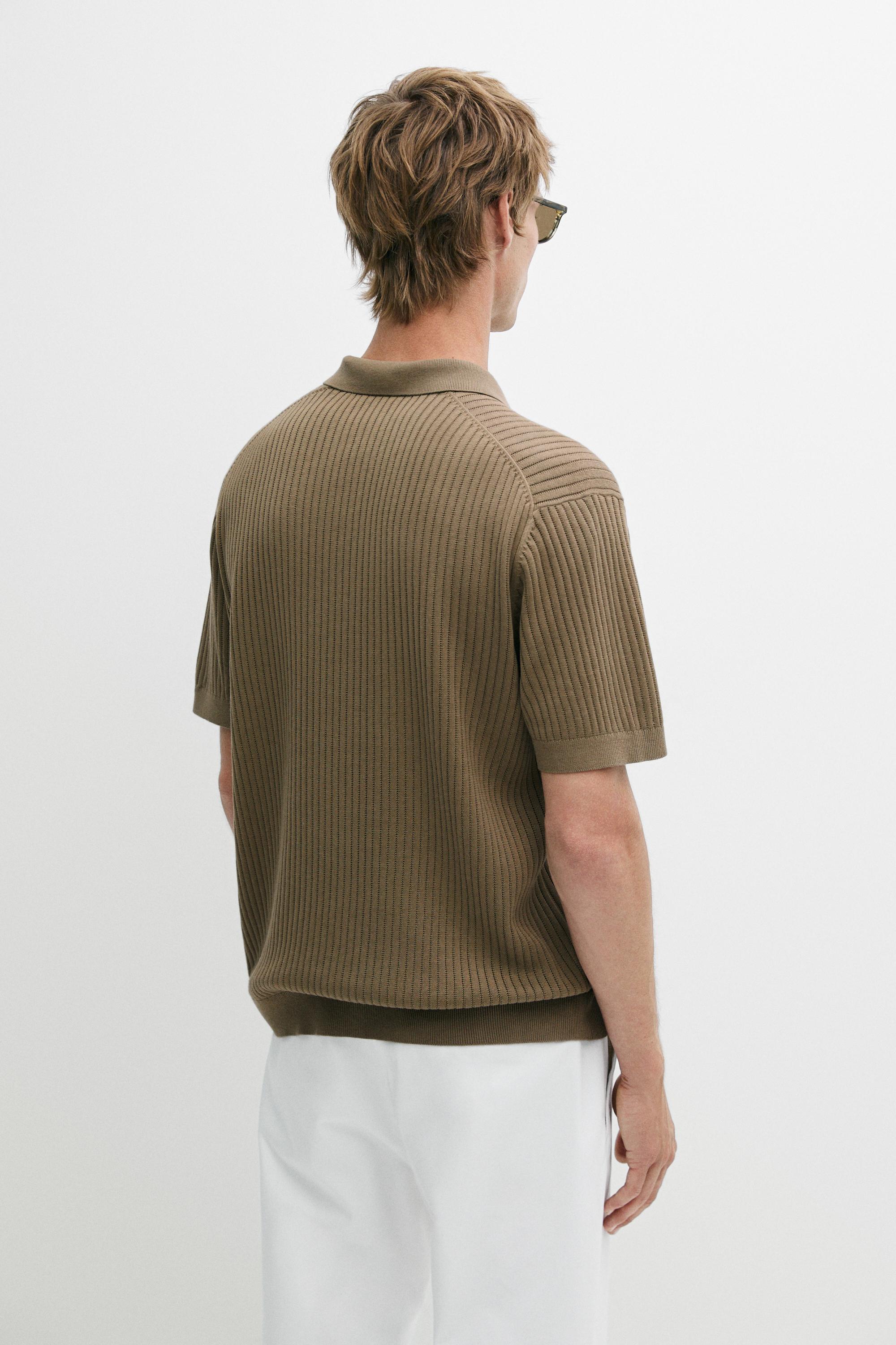 100% cotton ribbed knit polo sweater — DARK KHAKI