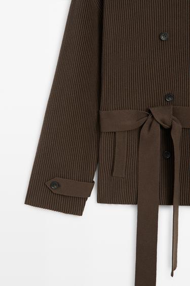 Ribbed knit cardigan with belt — BROWN 7