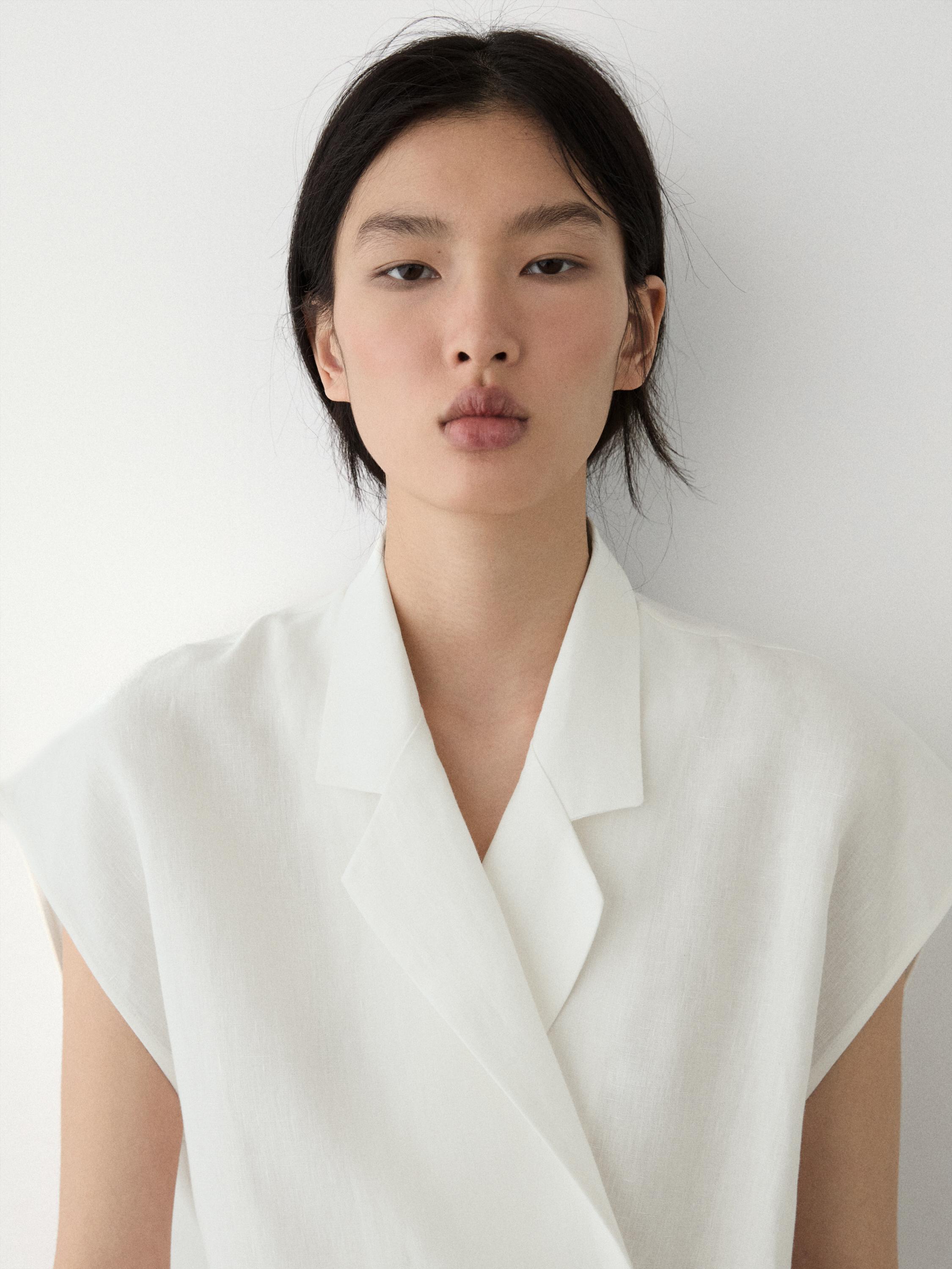 Linen double-breasted lapel vest — Off white