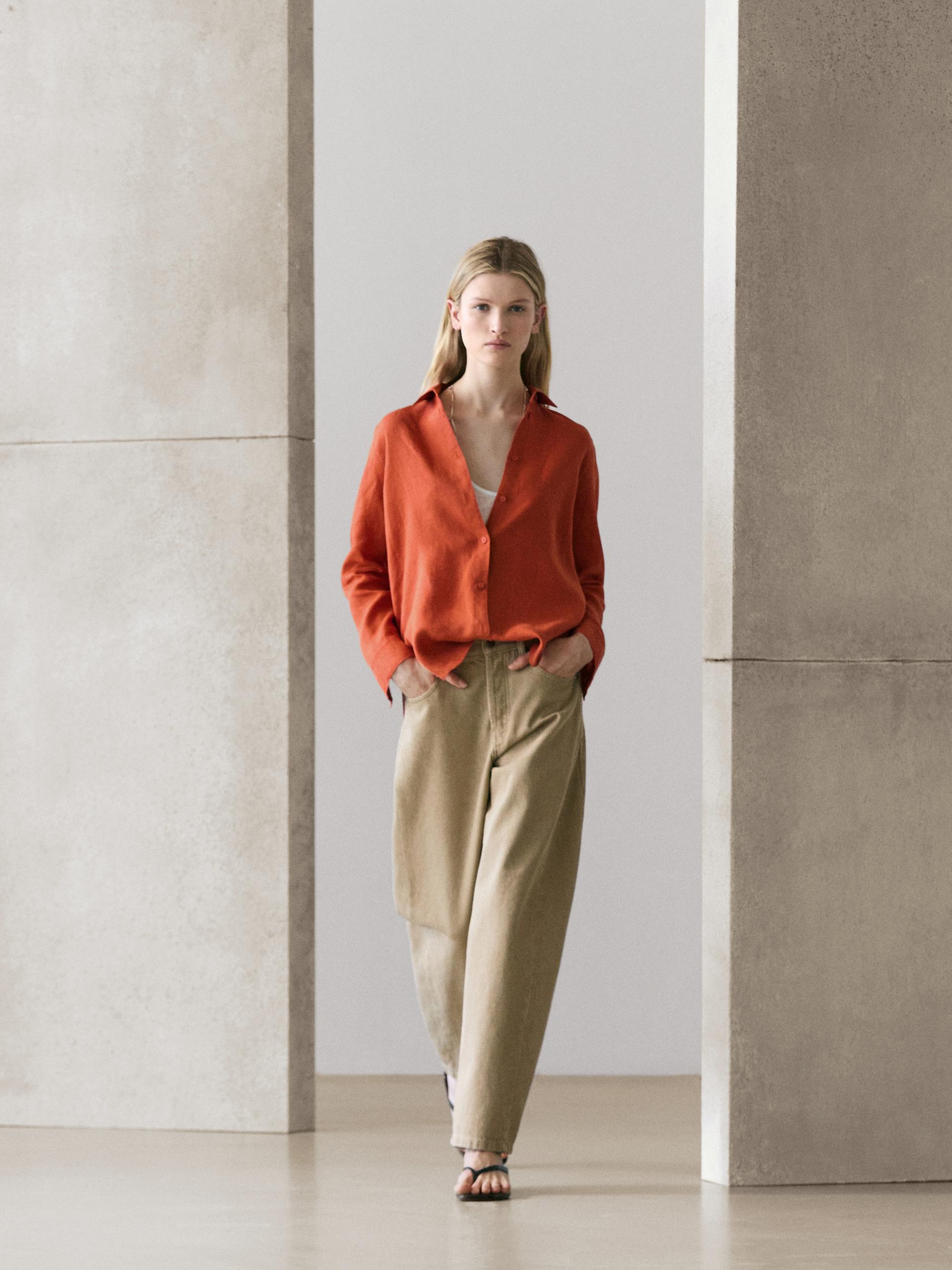 Chemisier Fluide 100 % Lin - Orange - 40 - Massimo Dutti - Femme