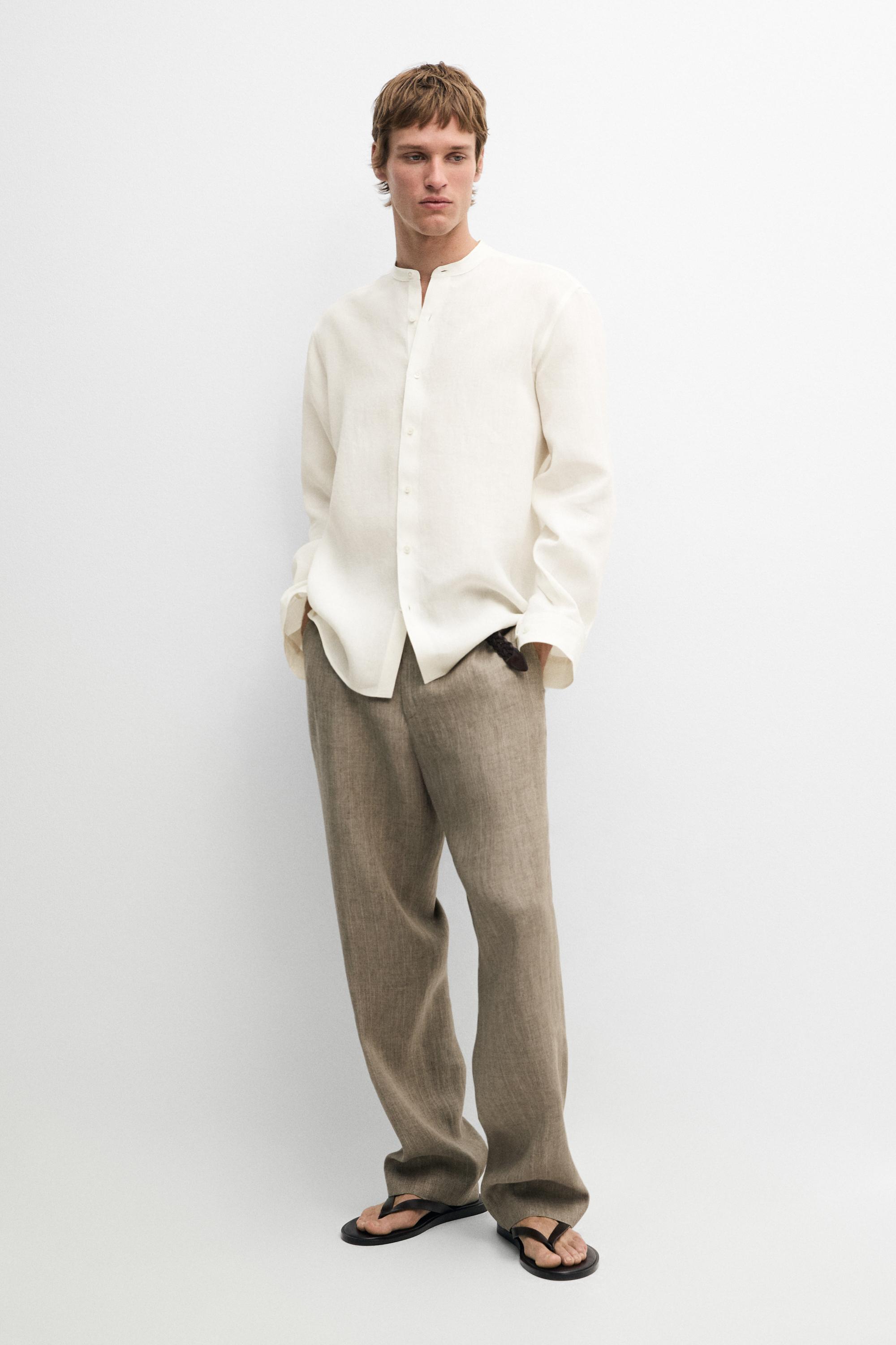 100% linen regular fit shirt with stand collar — CREAM