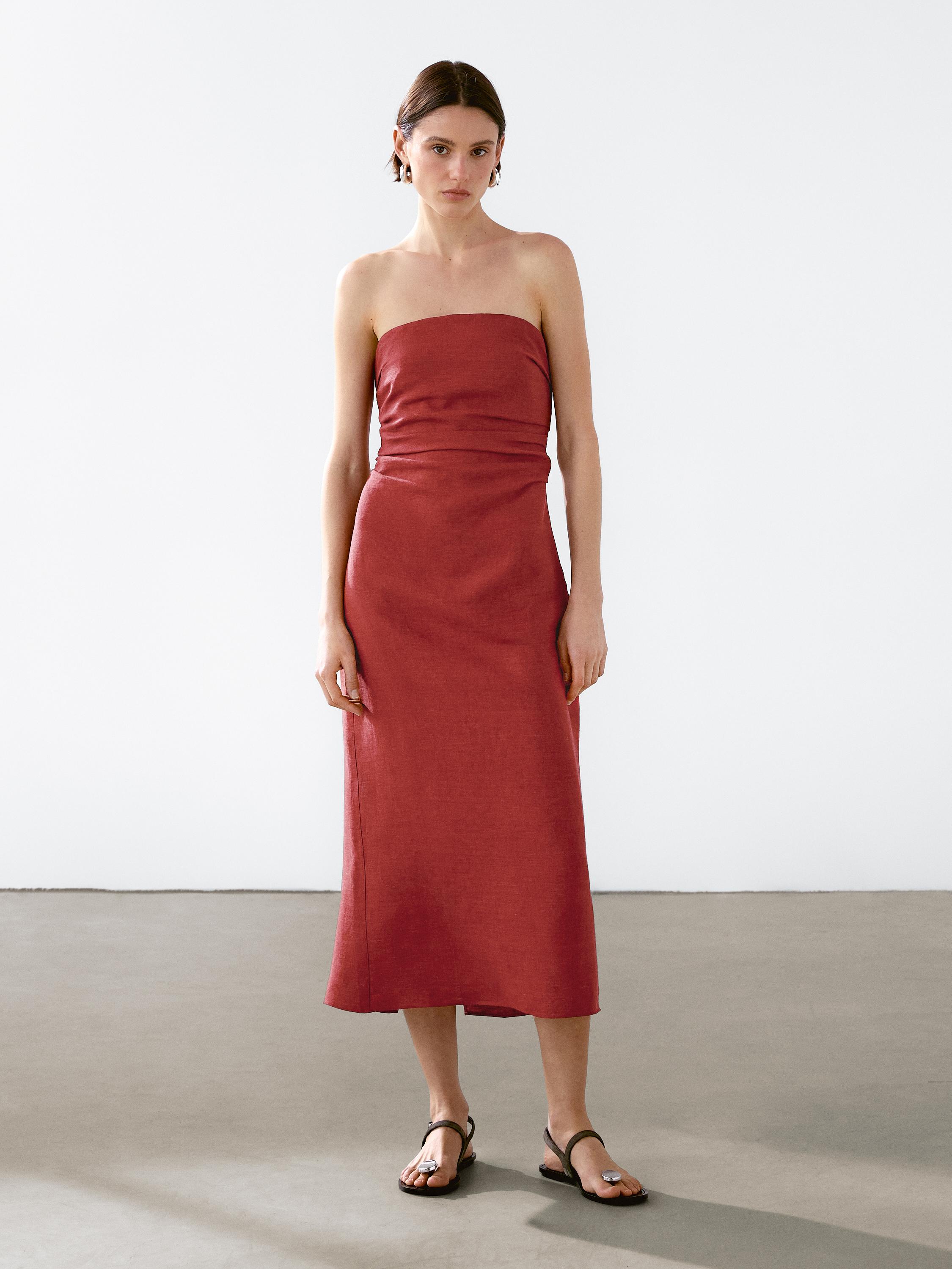 Strapless linen midi dress