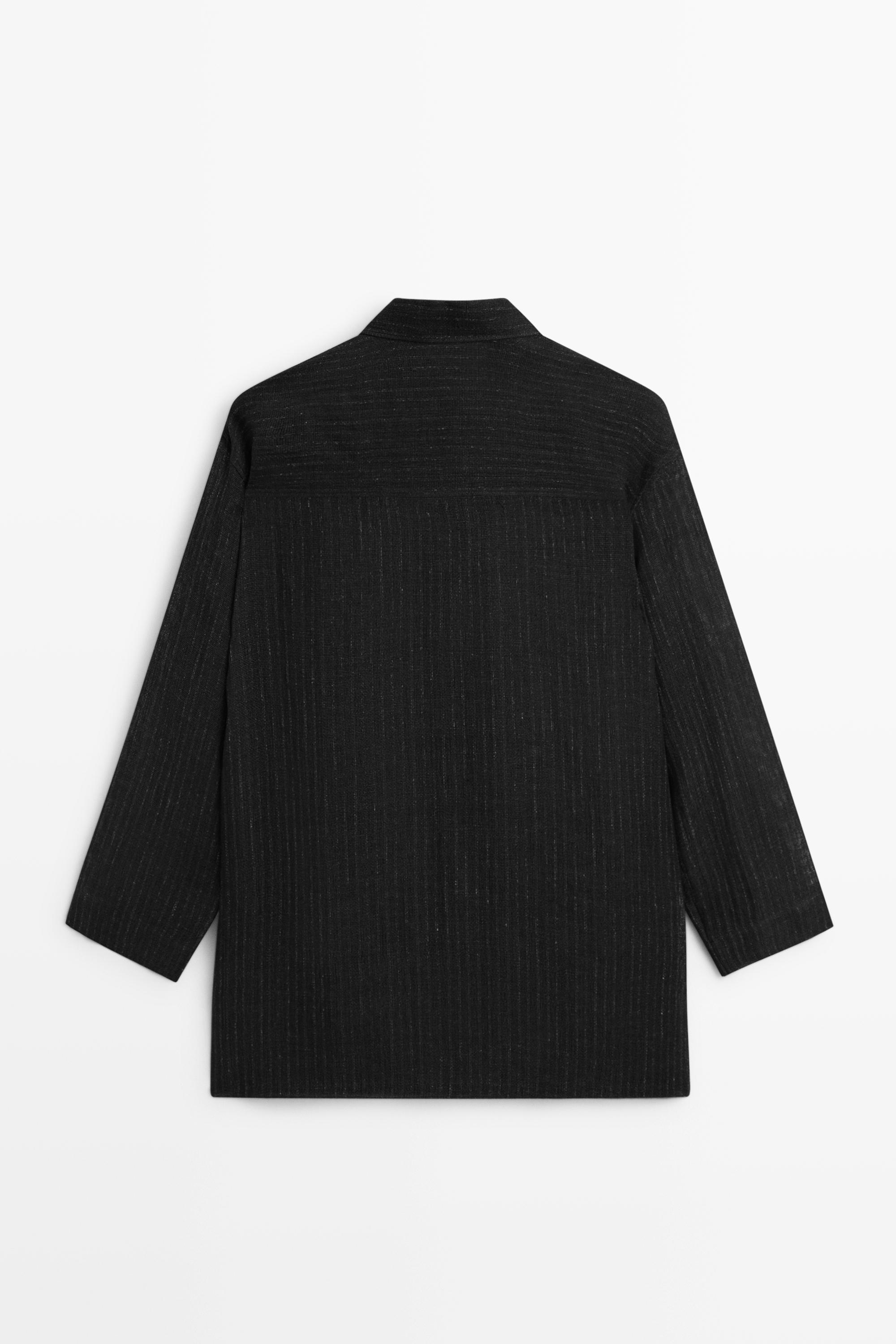 Striped linen blend oversize blouse with button detail — BLACK