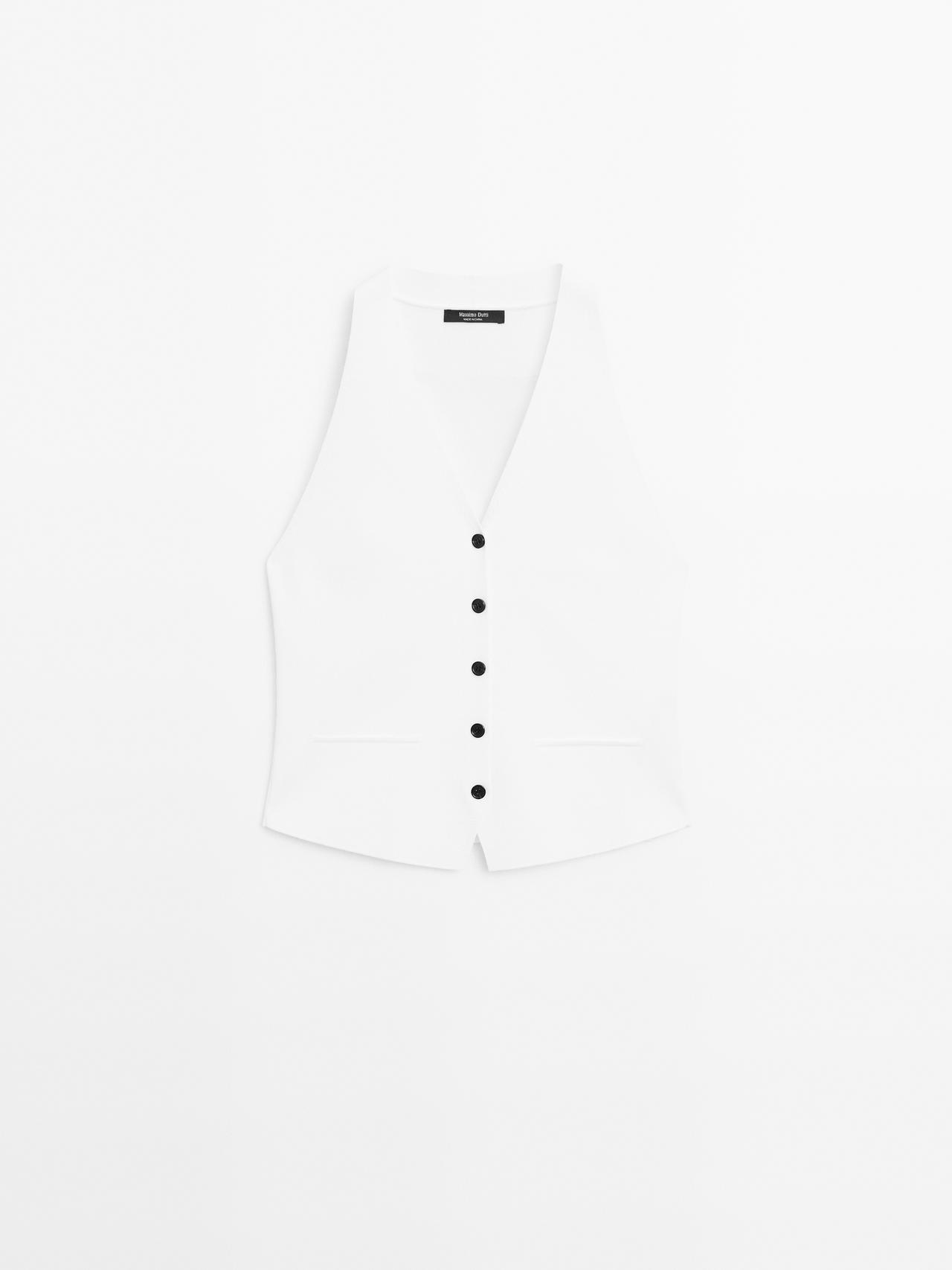 Massimo Dutti - Dame - Vest I Strik Med Kontrasterende Knapper - Hvid - L