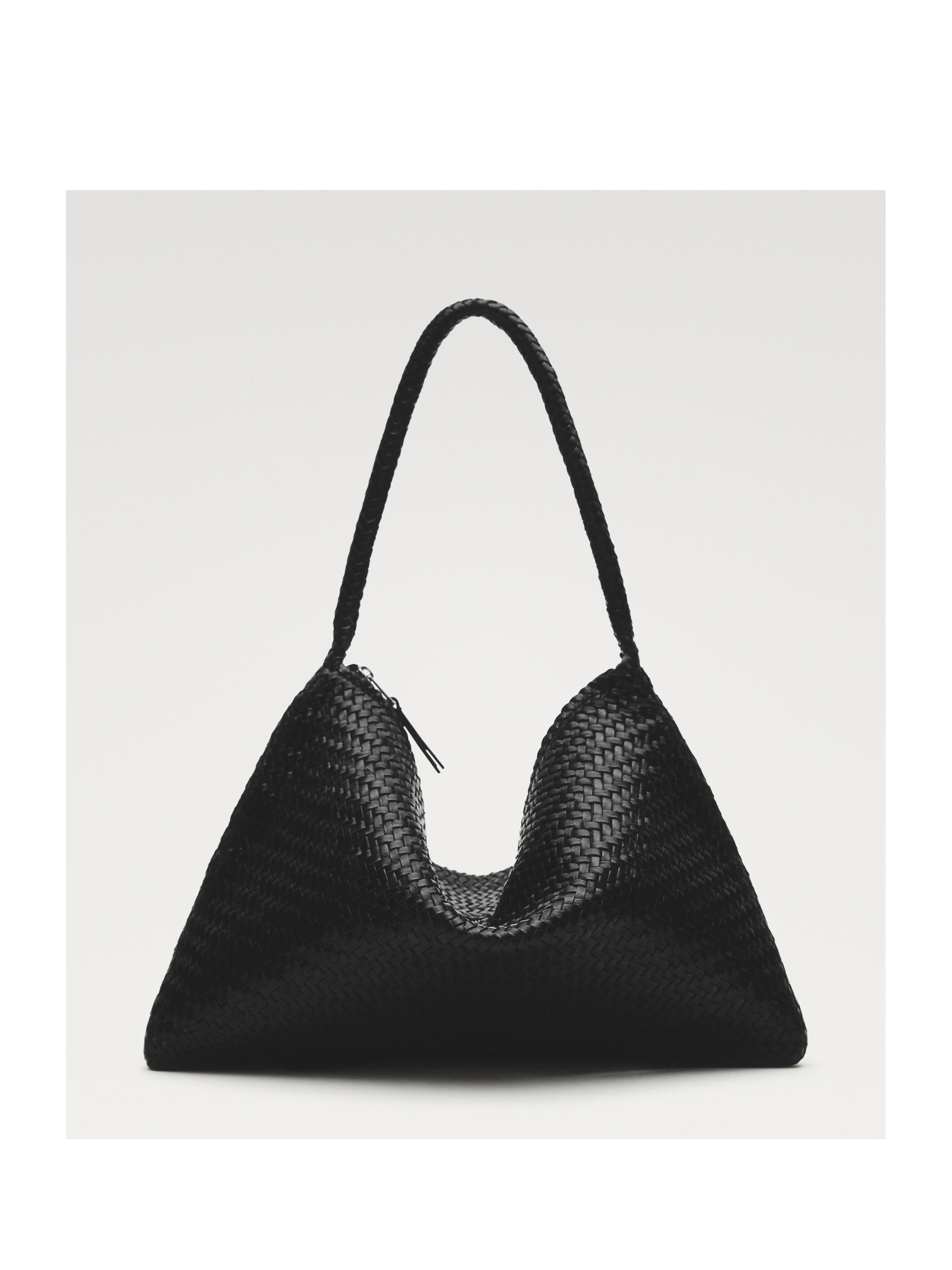 Mid-sized braided leather shoulder bag — BLACK