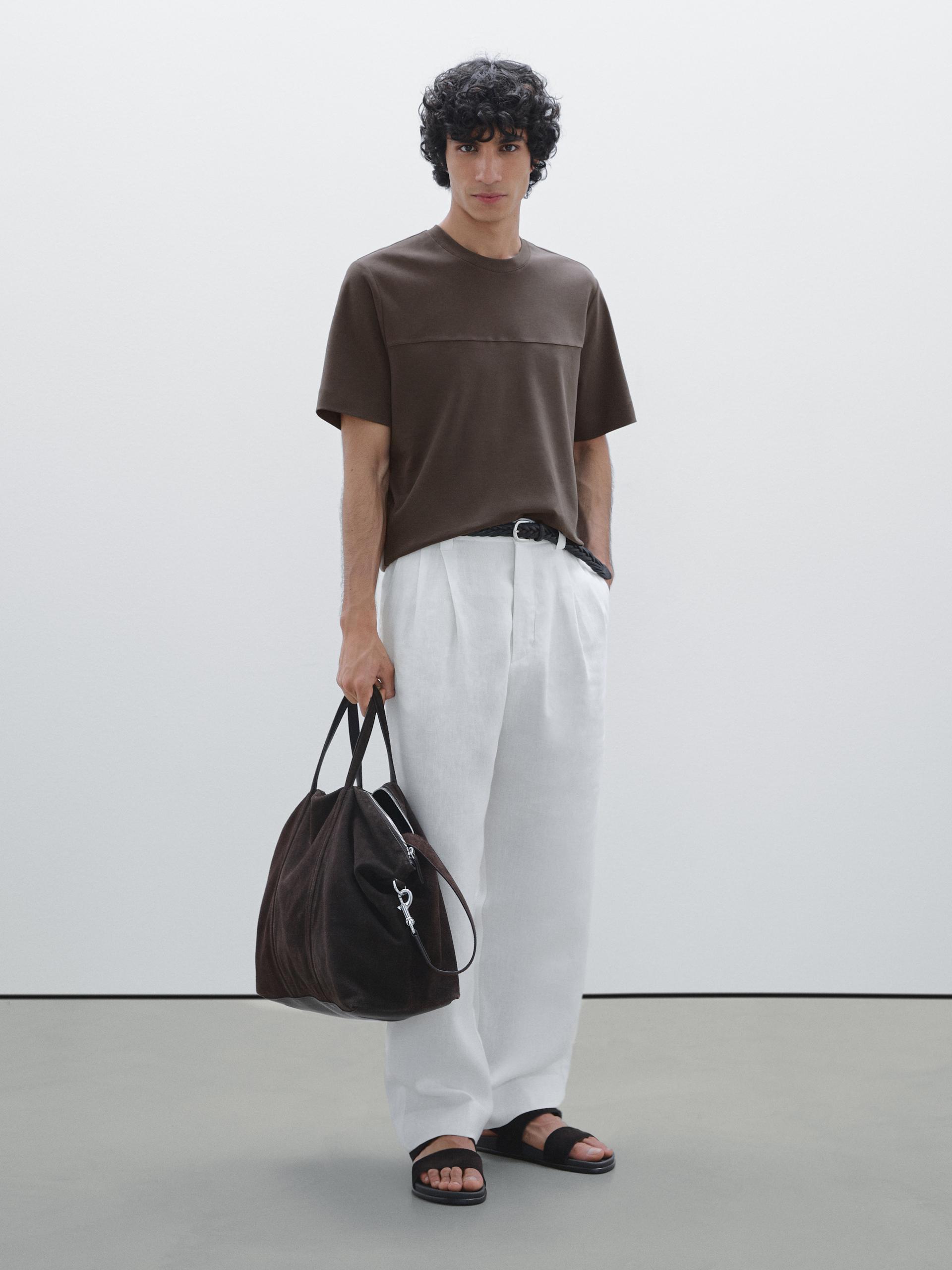 Koszulka Ze 100% Bawełny Z Ozdobnym Szwem - Czekoladowy - Xl - Massimo Dutti - Mężczyzna