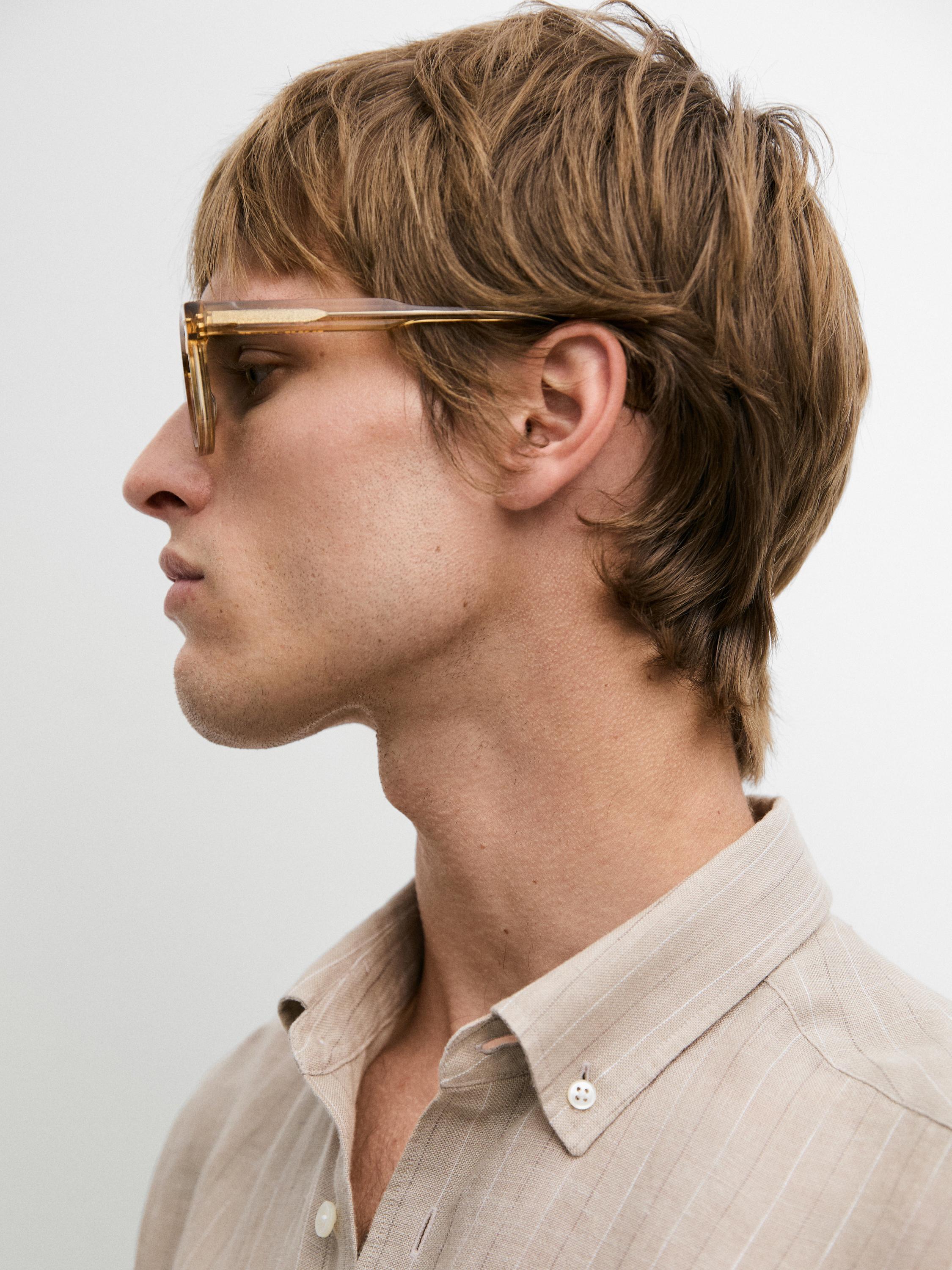 100% linen striped slim fit shirt — CAMEL