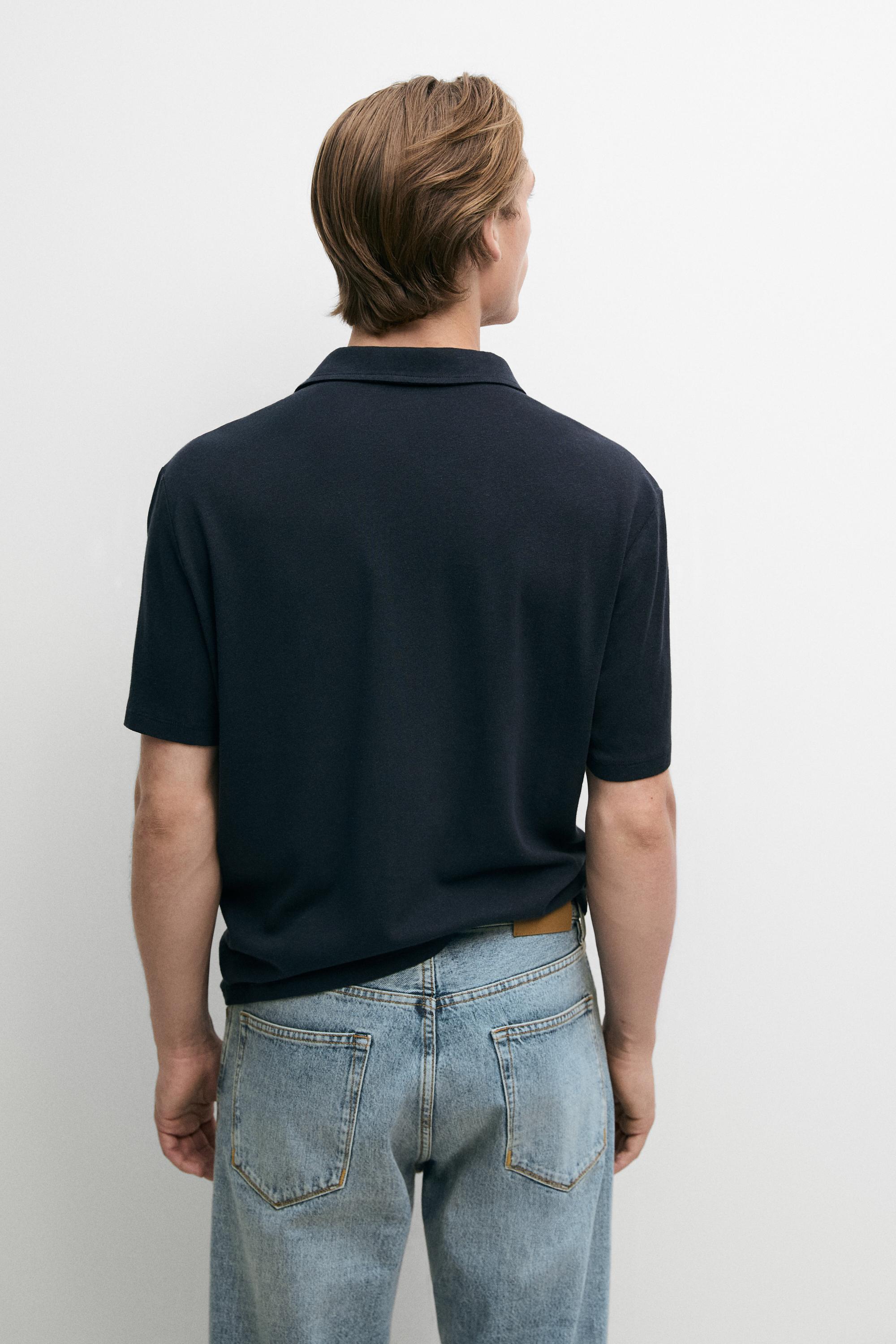 Linen and cotton short sleeve polo shirt — NAVY BLUE