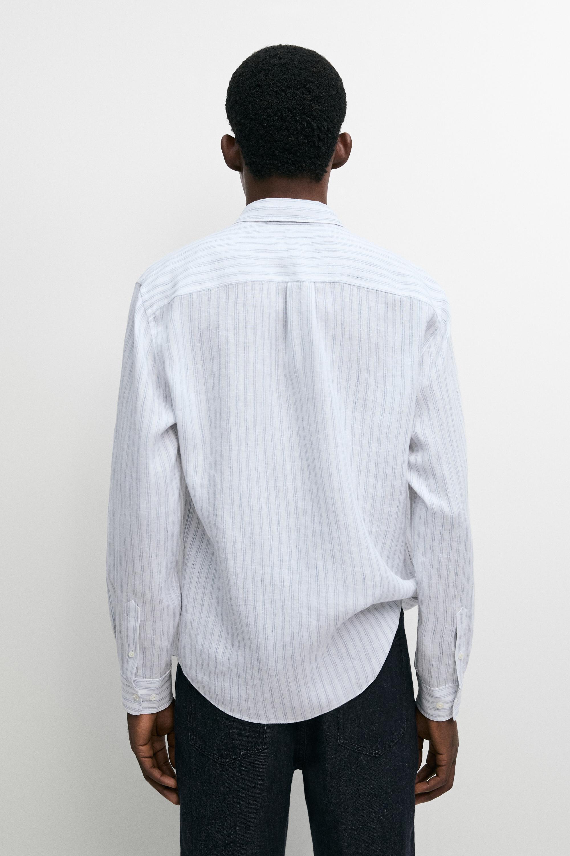 Extra-fine 100% linen striped shirt — Sky blue