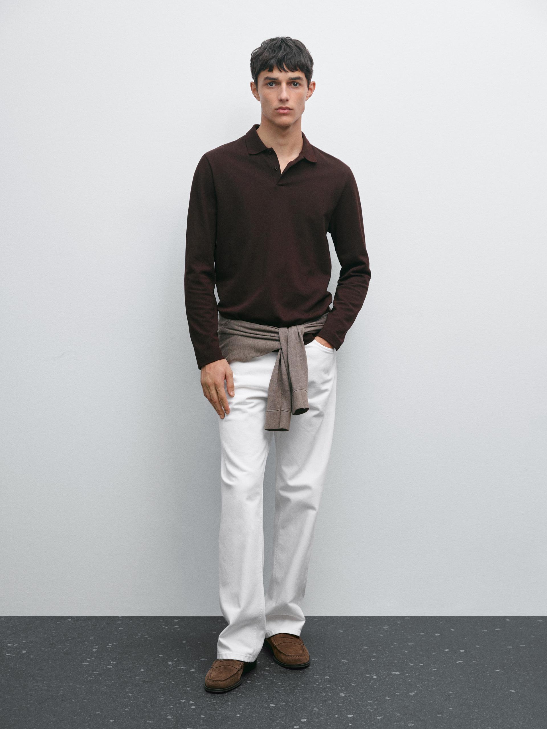 Polo Manches Longues En Piqué Mercerisé - Bordeaux - L - Massimo Dutti - Homme