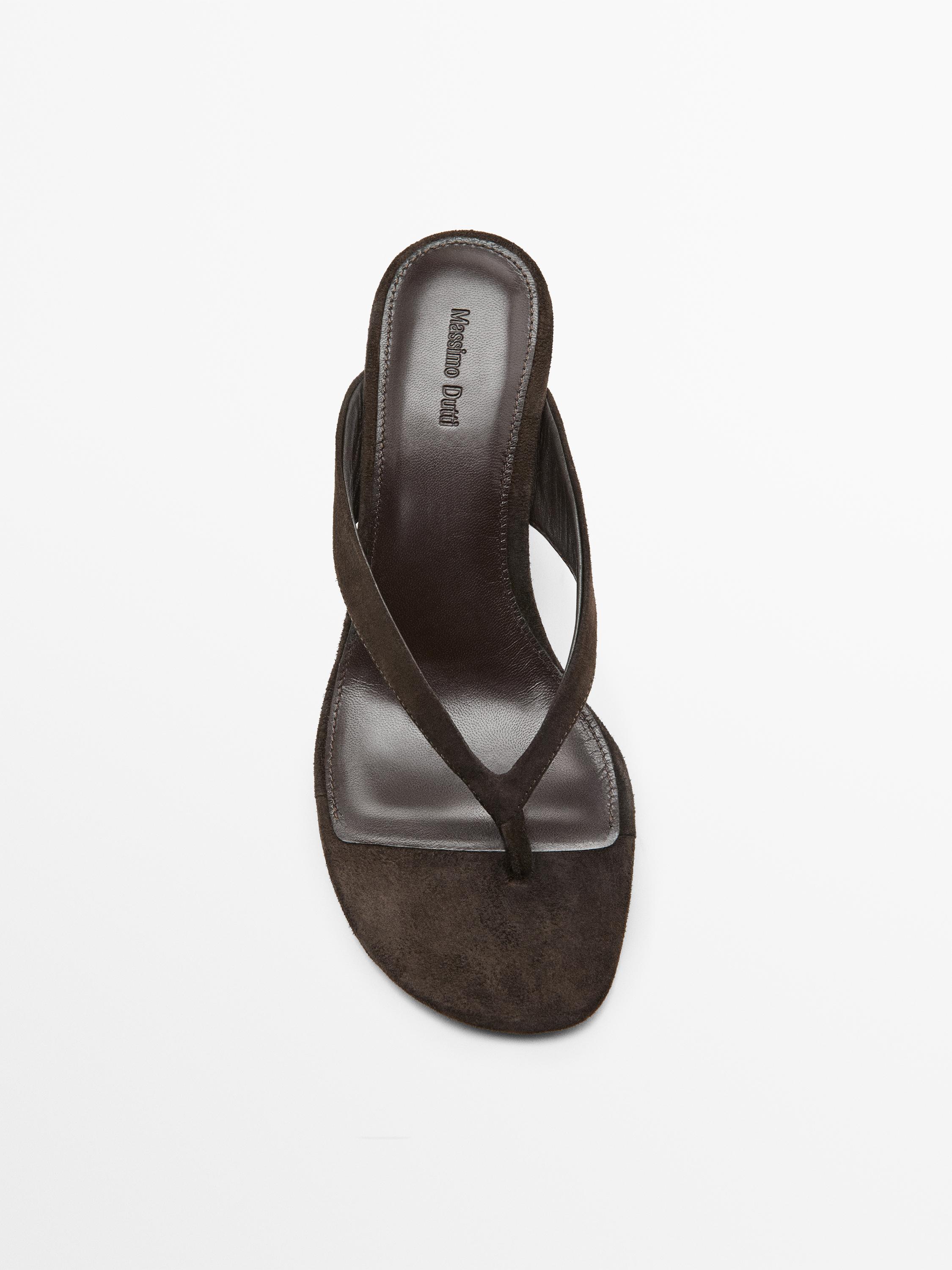 Split leather high-heel wedge sandals — BROWN