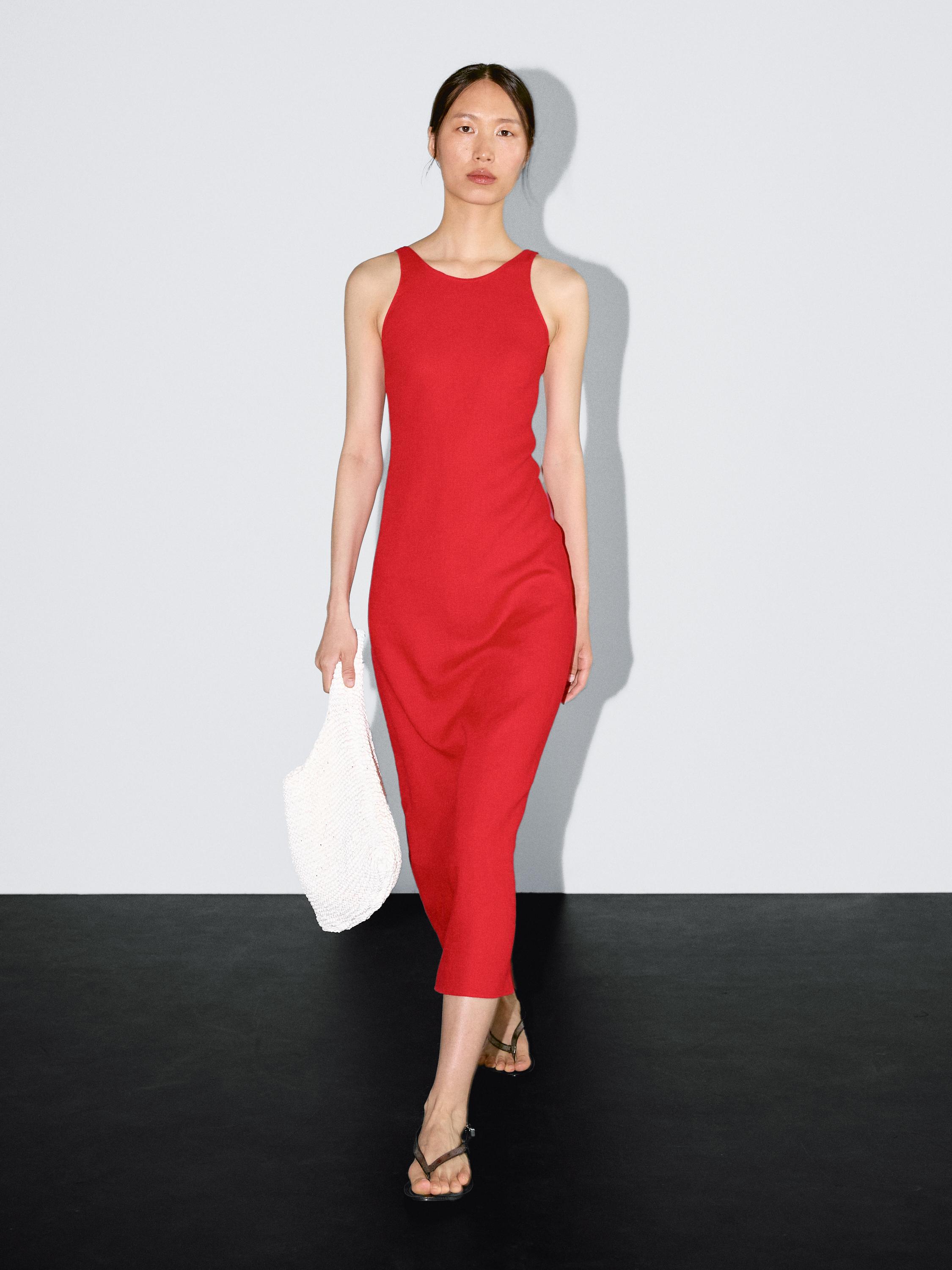 فستان ميدي كتان 100% بياقة دائرية