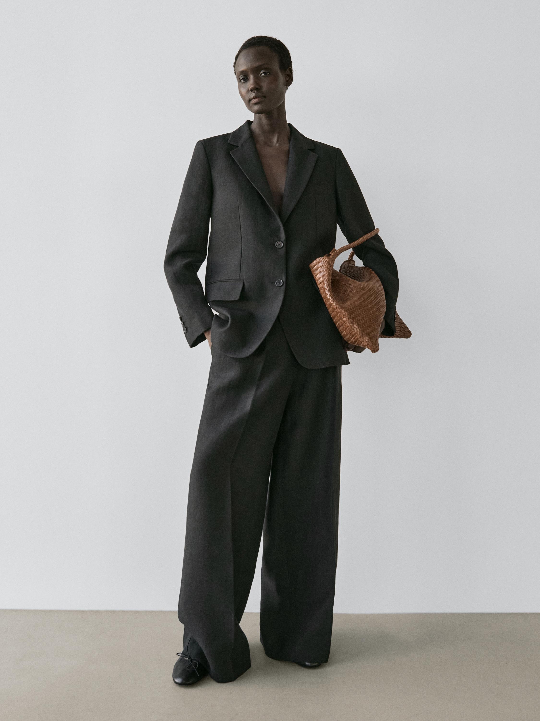 100% linen blazer with pockets — BLACK