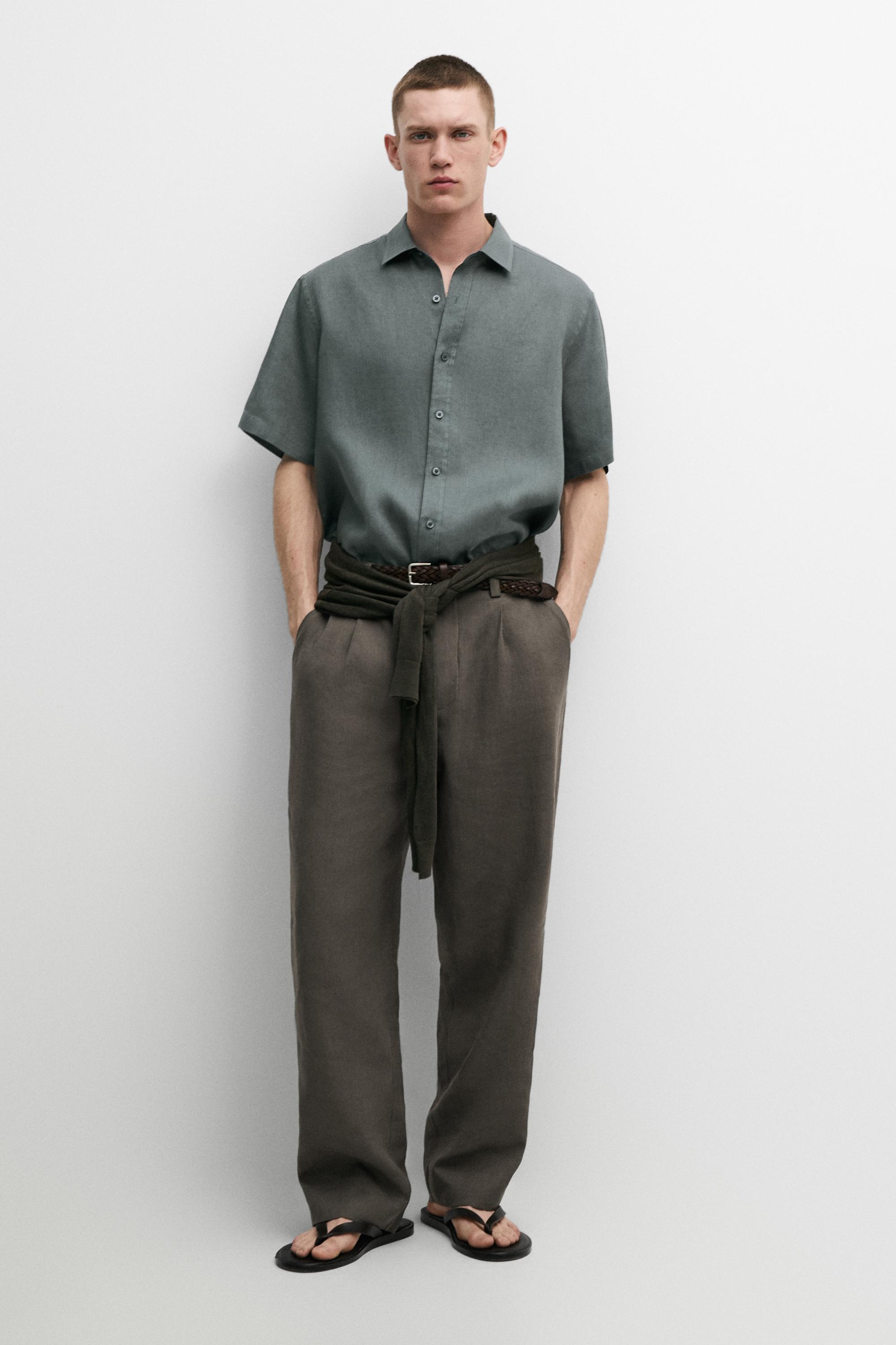 100% linen regular fit short sleeve shirt — GREY