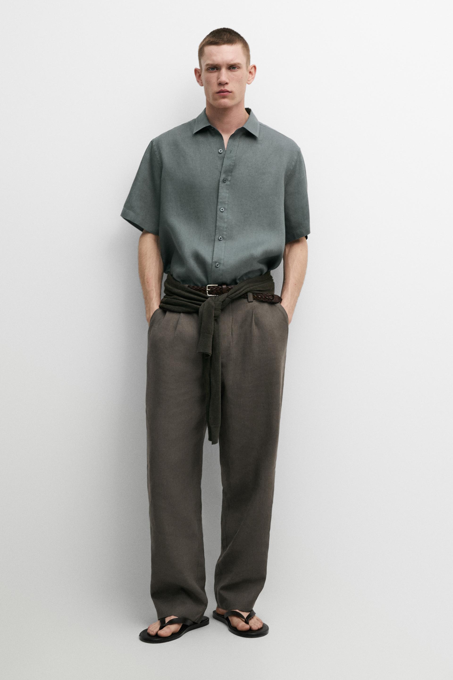 Camisa Regular Fit Manga Corta 100% Lino - Gris - S - Massimo Dutti - Hombre