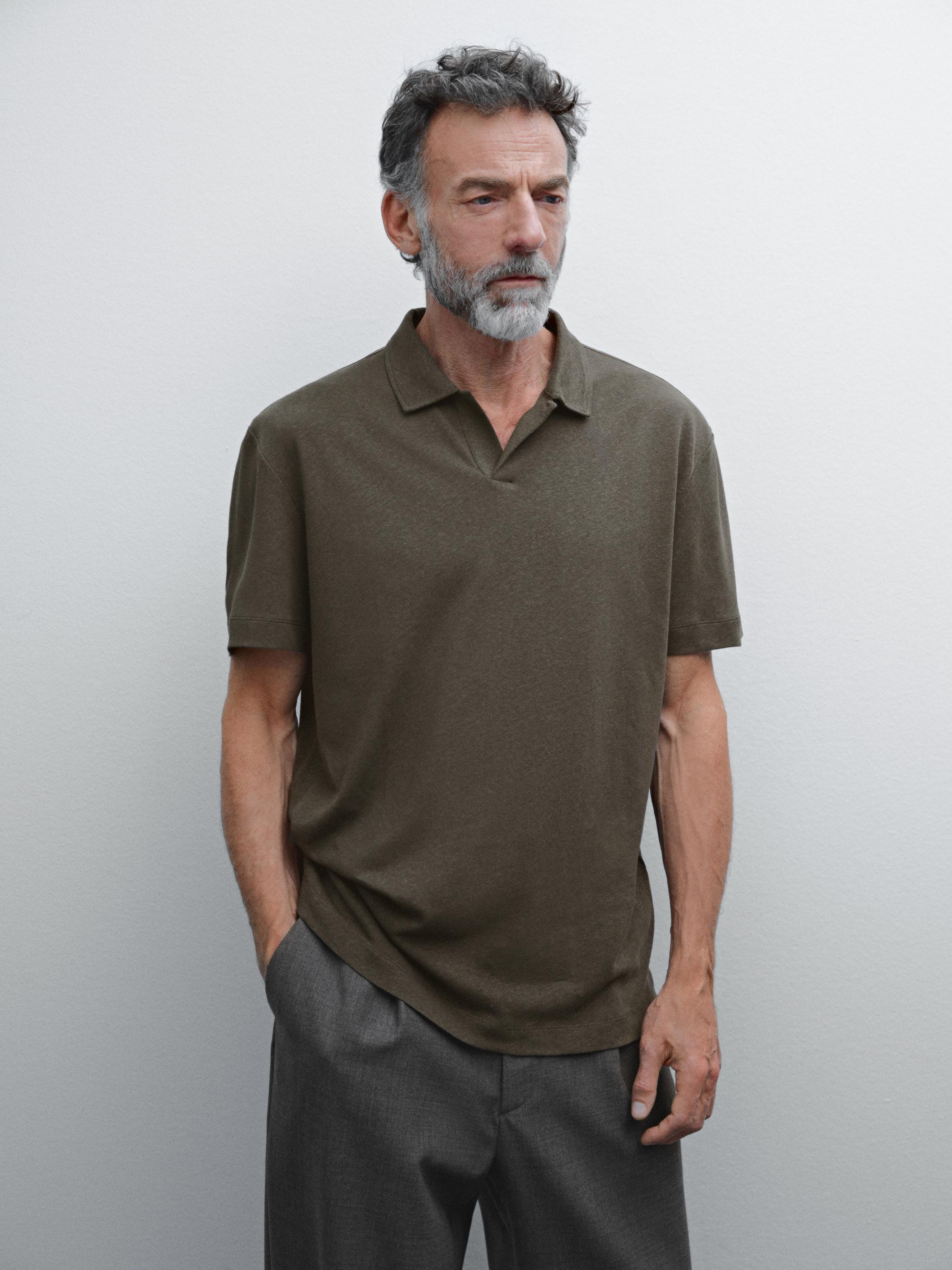 Linen blend short sleeve polo shirt