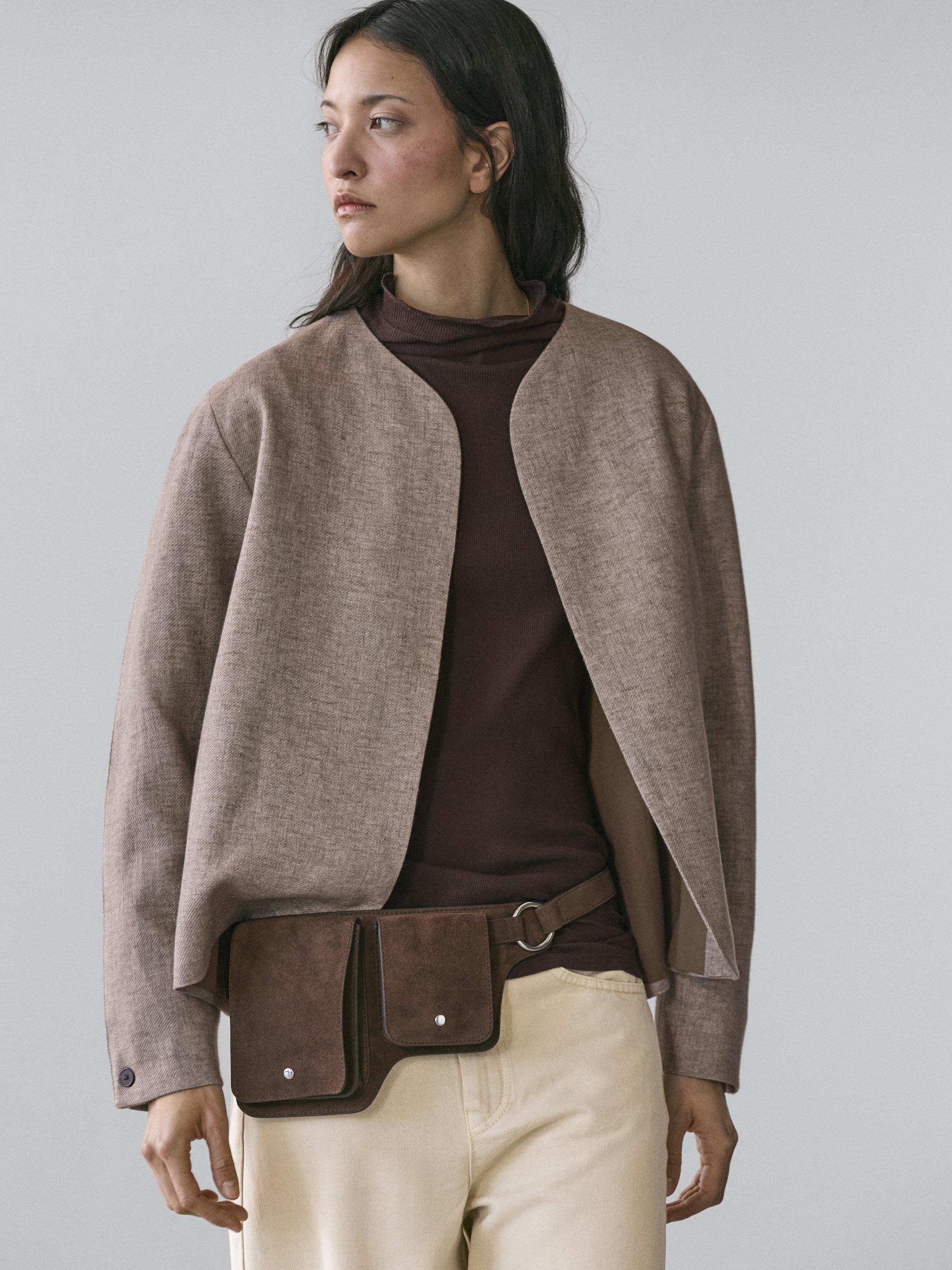 Short linen blend jacket — MOLE BROWN