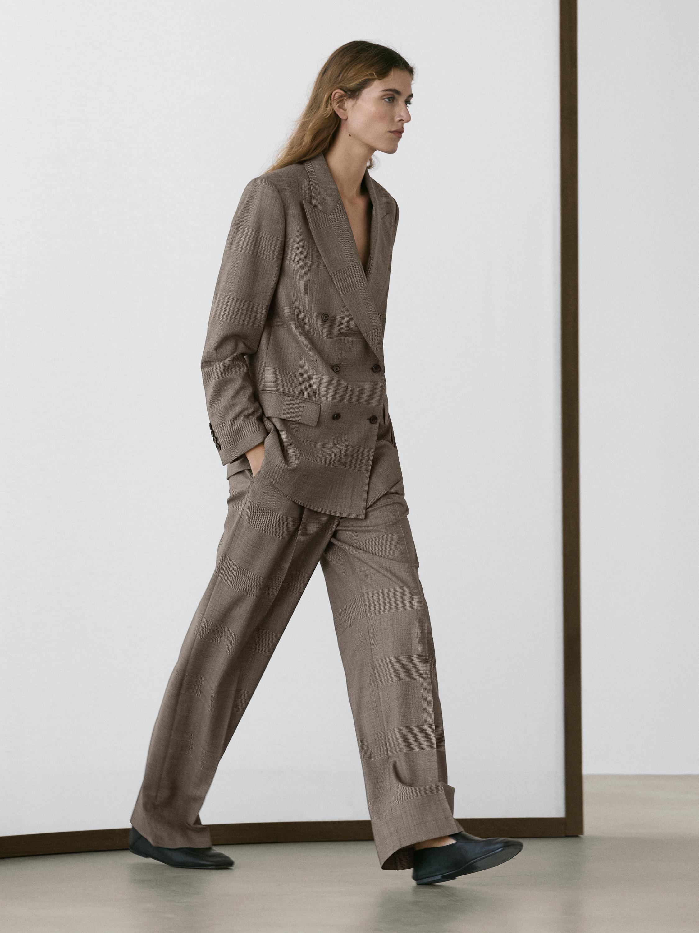 Check wool suit trousers — BEIGE