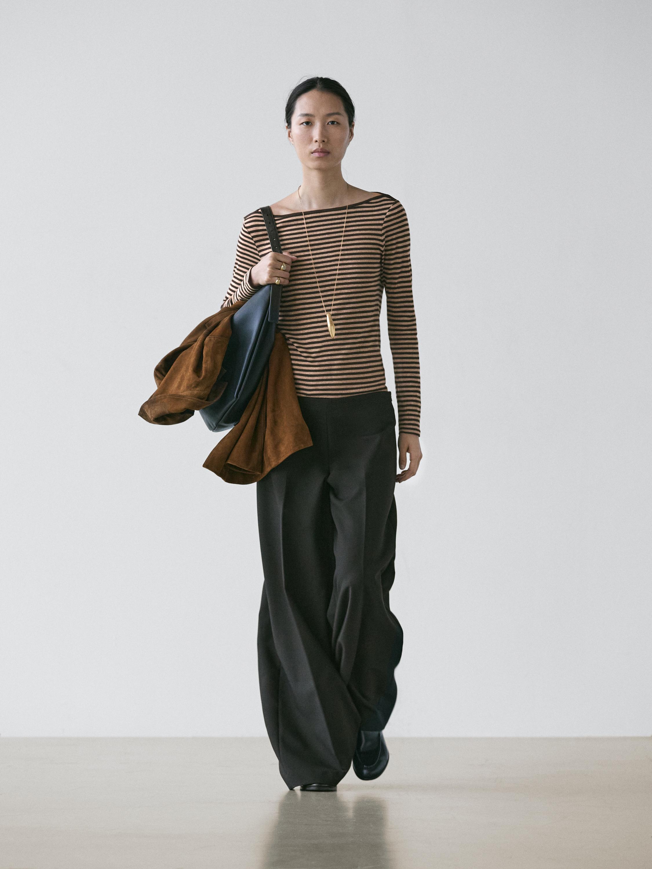 Striped long sleeve cotton T-shirt — BROWN