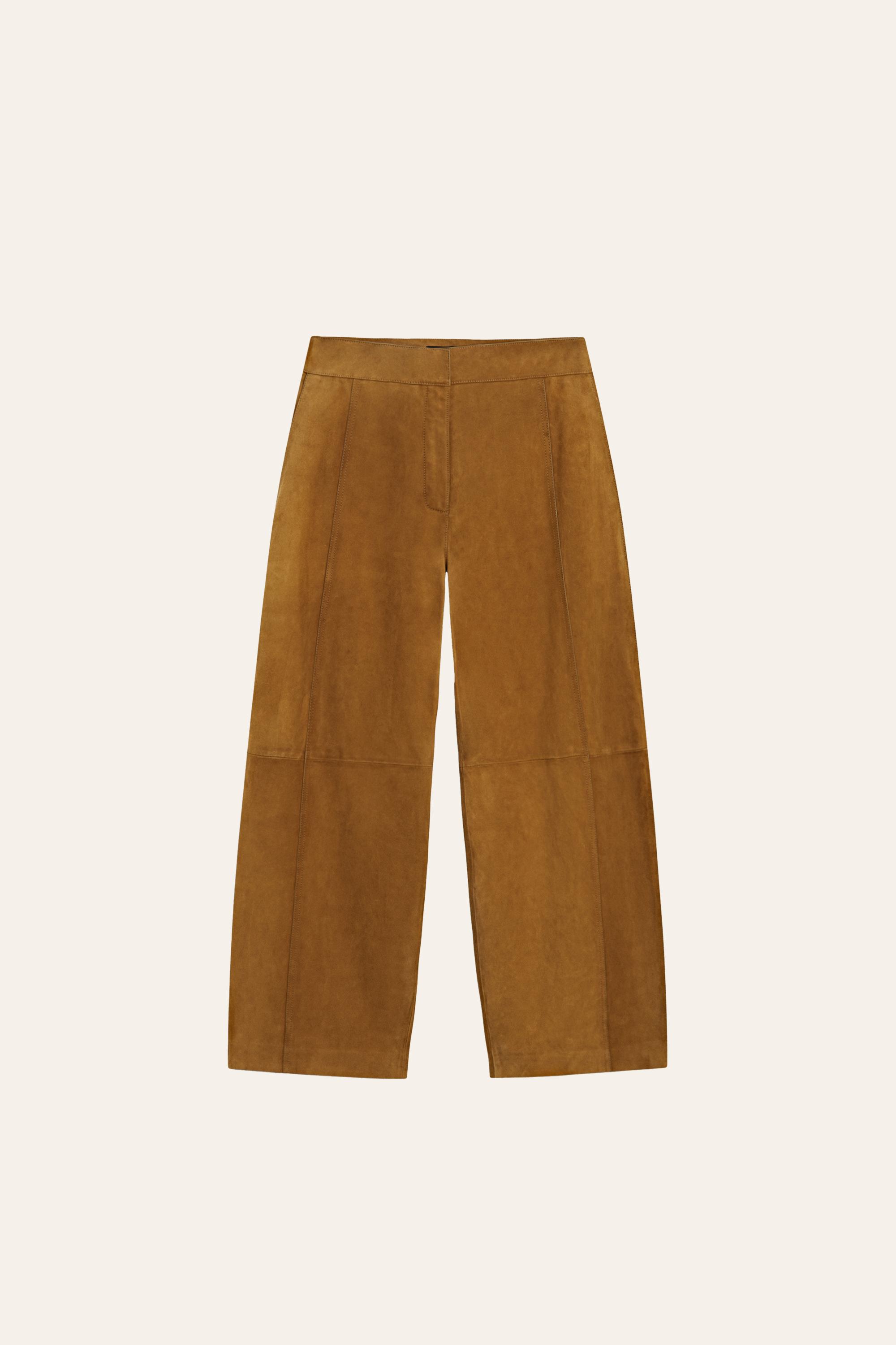 Suede goatskin barrel fit pants — DARK CAMEL