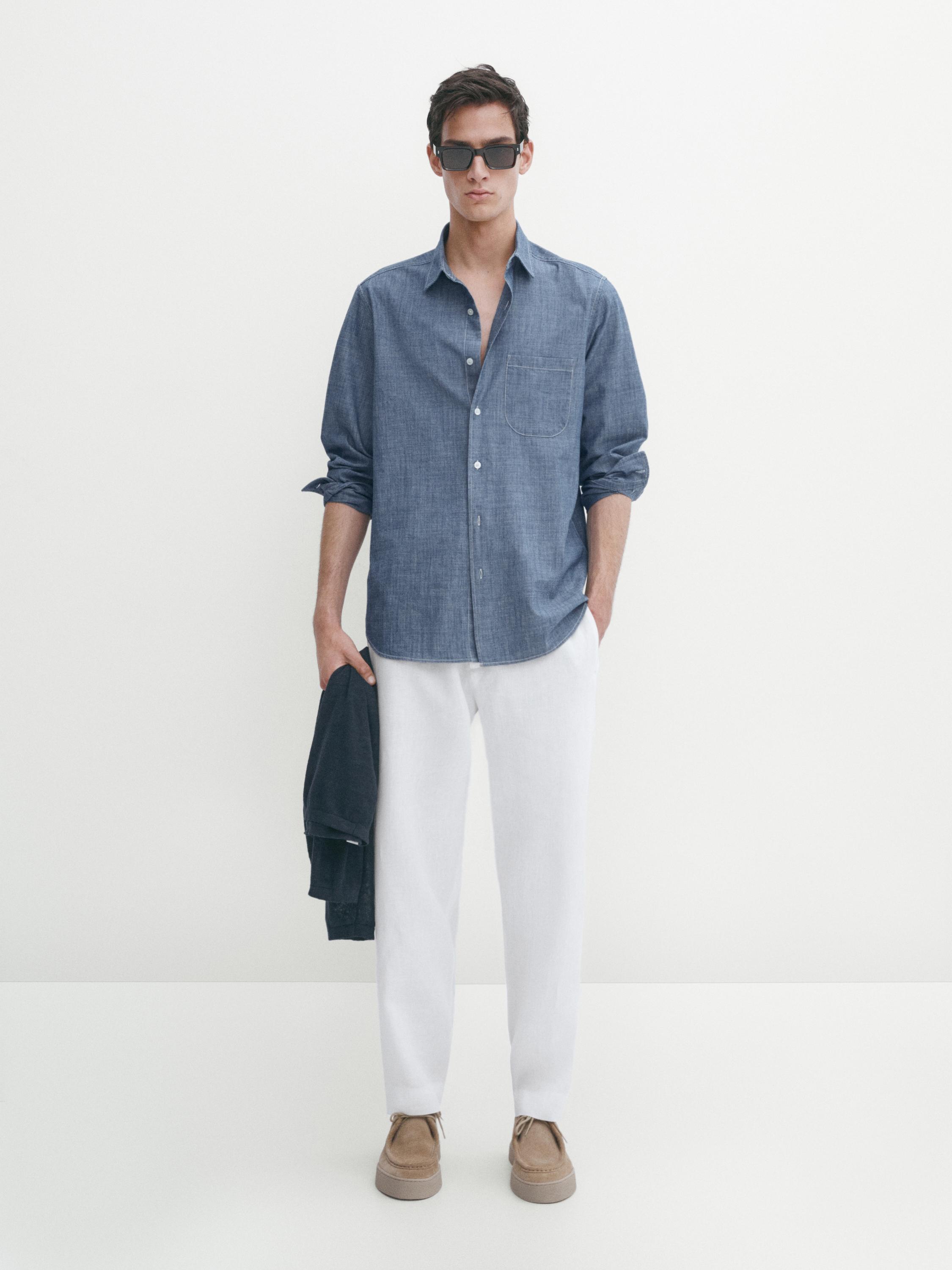 Chemise en denim de coton avec surpiqûres contrastantes