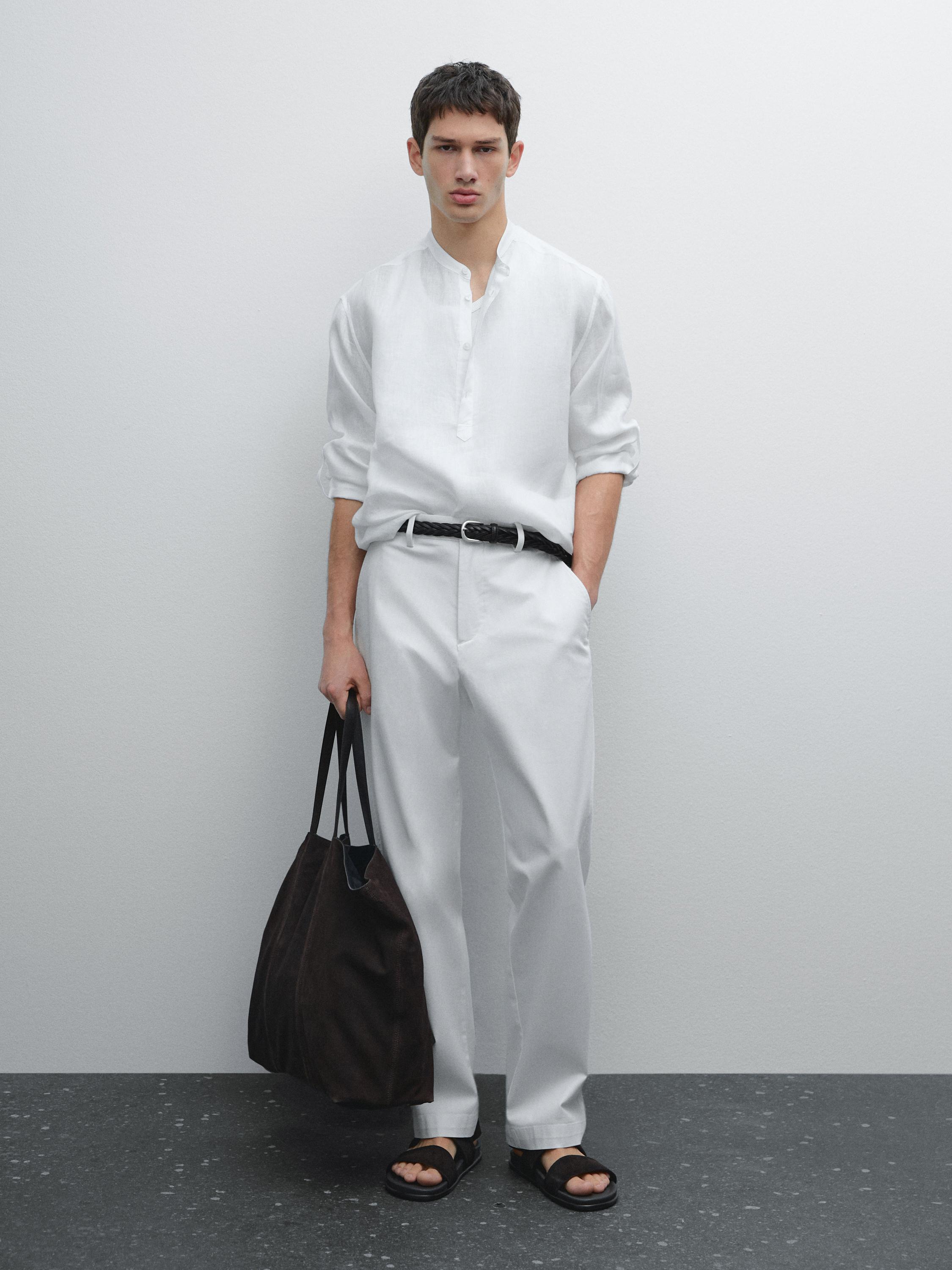 قميص كتان 100% بياقة قائمة