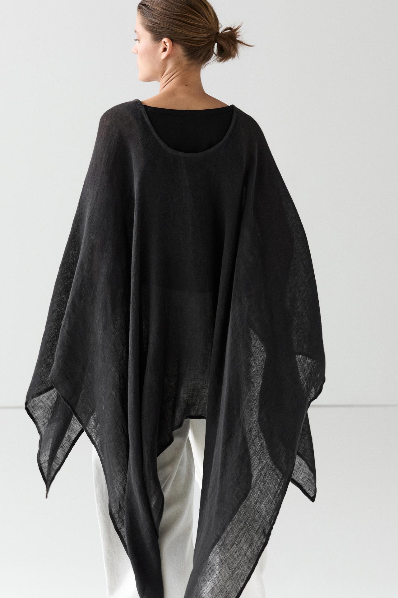100% linen cape with tie details — BLACK