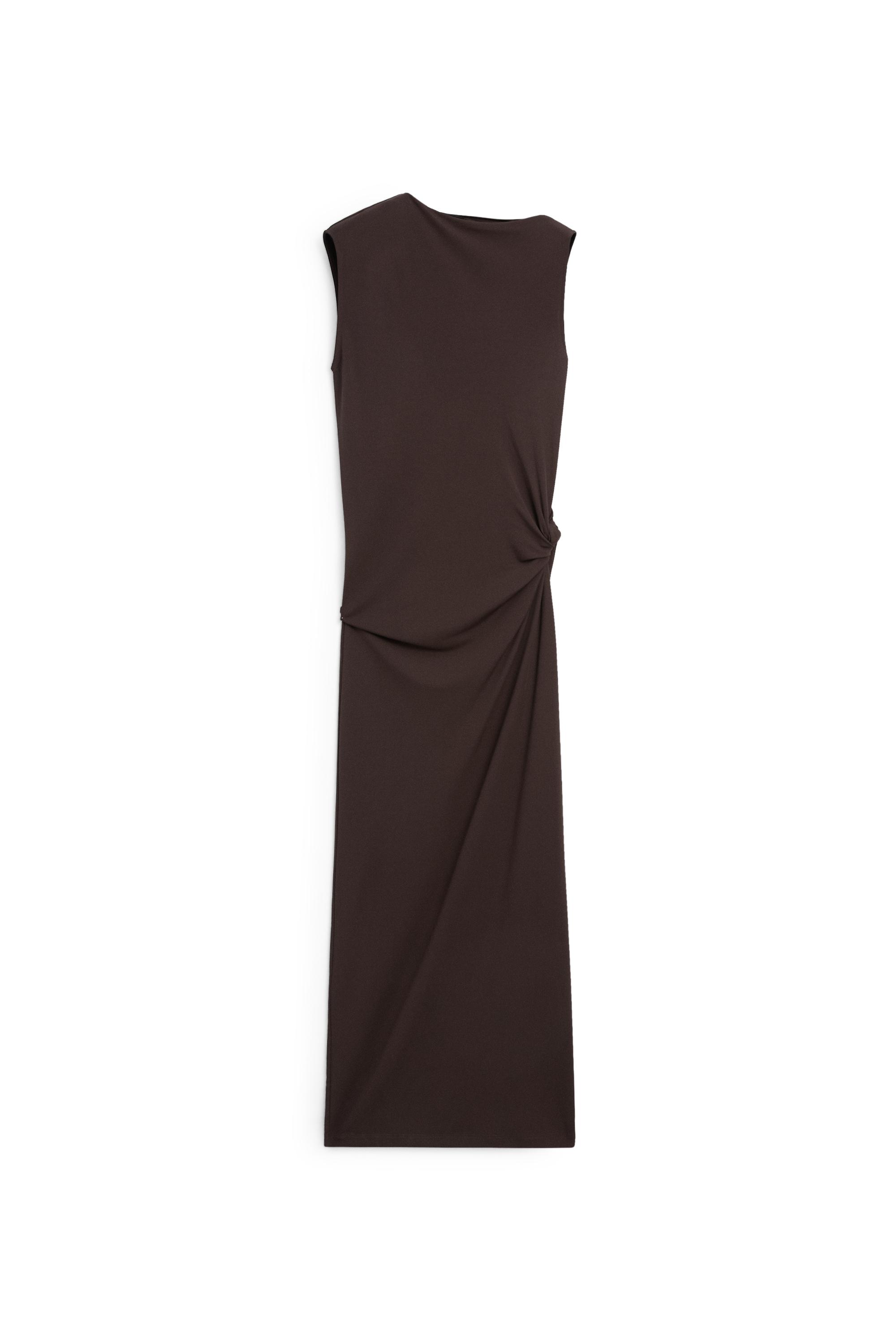 Asymmetric ruched midi dress — BROWN