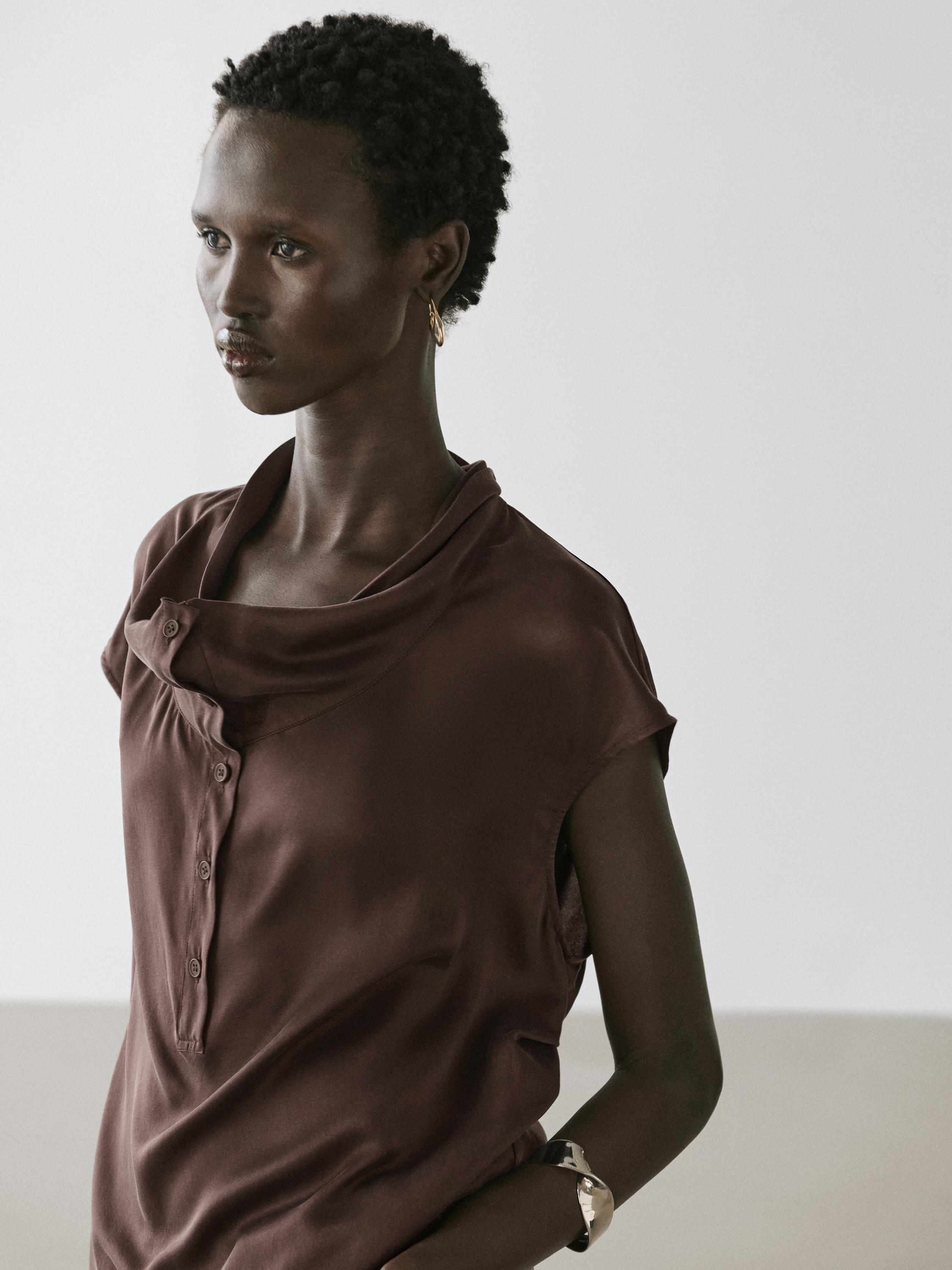 Asymmetric draped top — BROWN