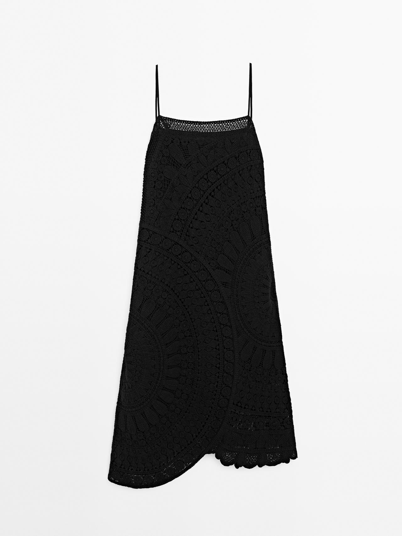 Massimo Dutti - Dame - Hæklet Midikjole I 100 % Bomuld - Sort - 36