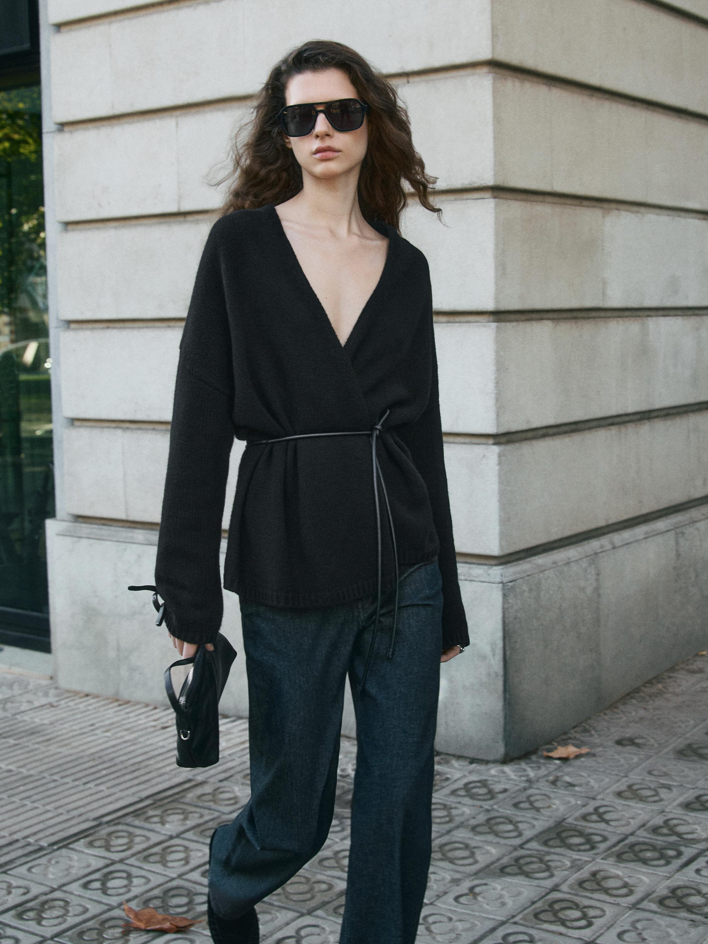 Long knit cardigan with belt