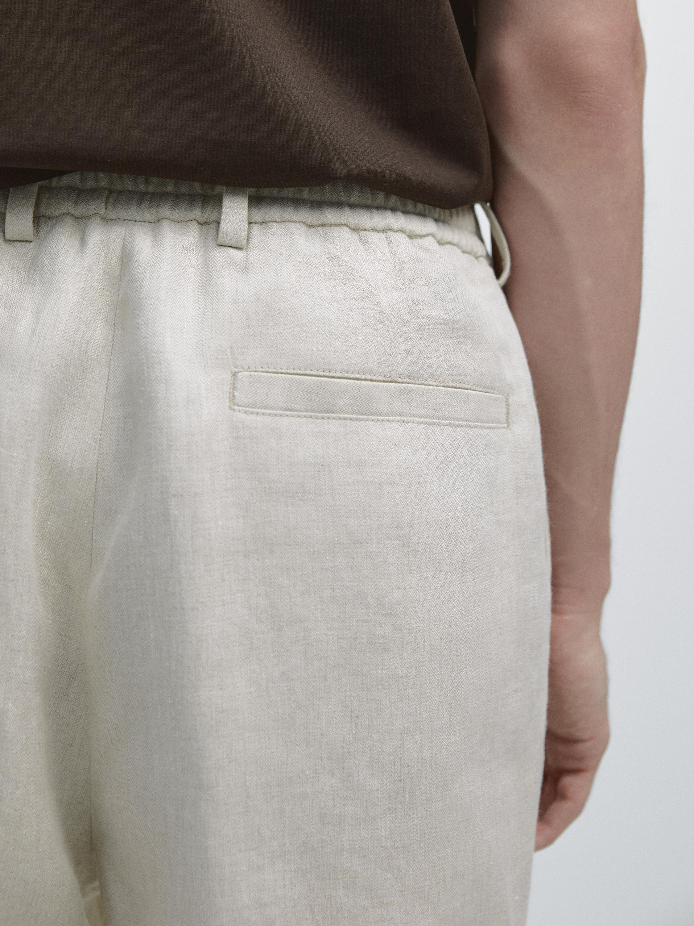 Lightweight linen trousers with herringbone detail — BEIGE