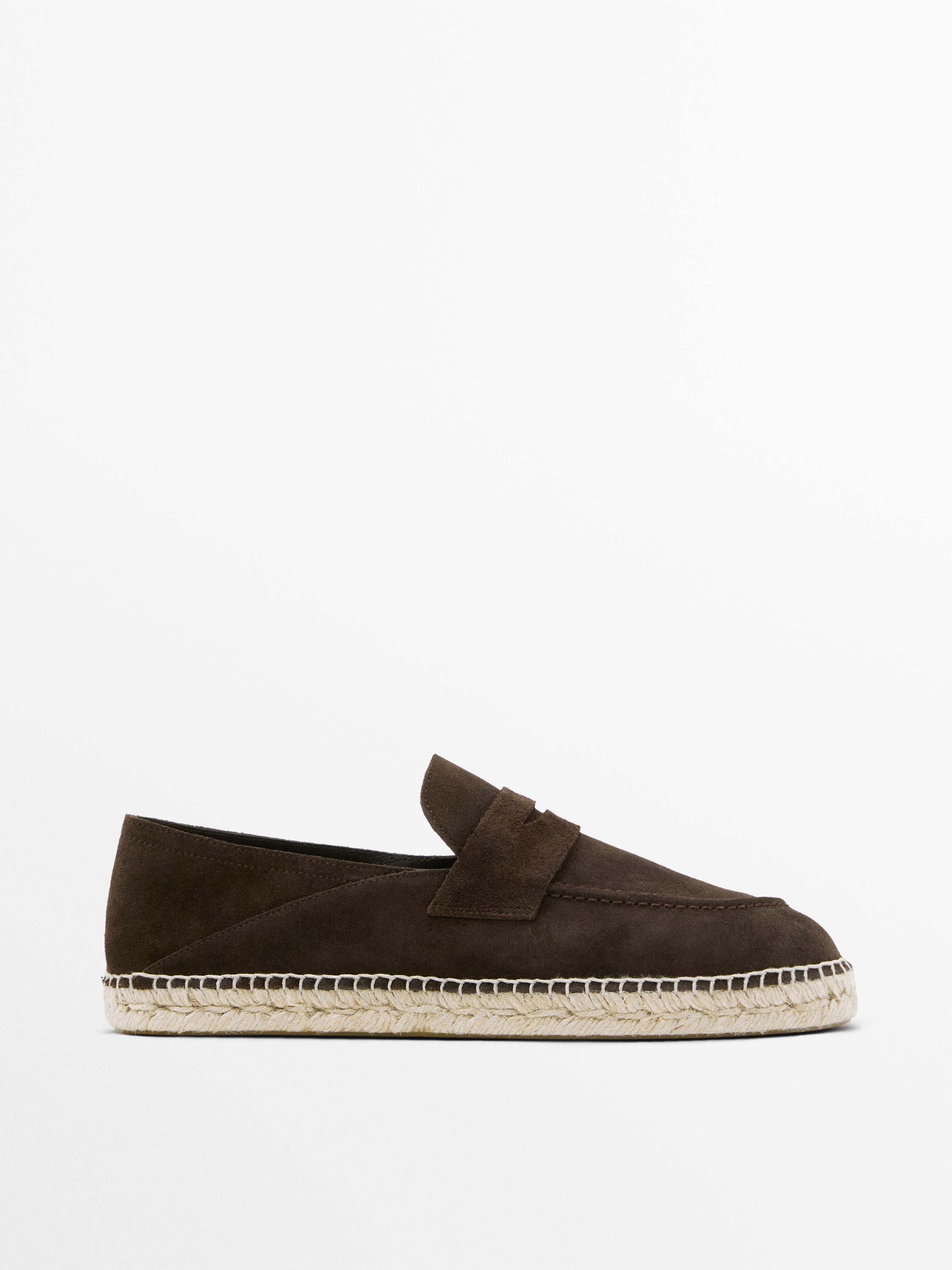Split leather espadrilles with penny strap — BROWN
