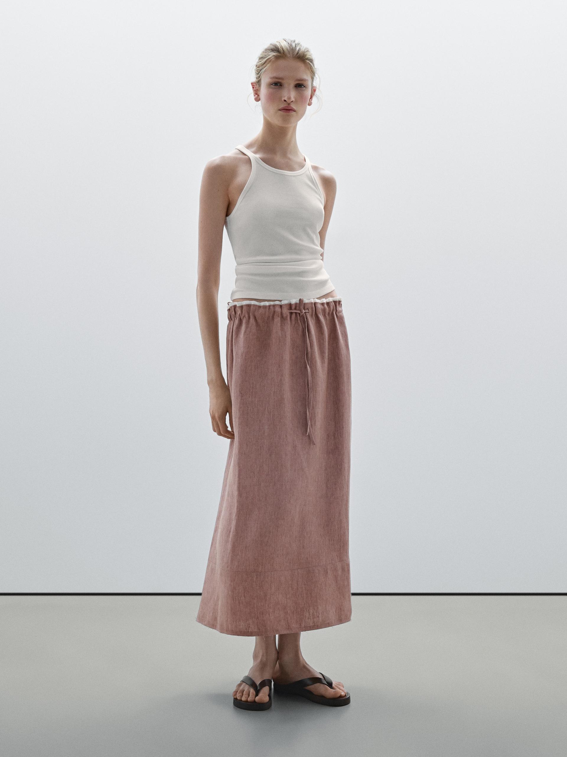 Jupe Midi Élastique 100 % Lin - Orange Moyen - L - Massimo Dutti - Femme