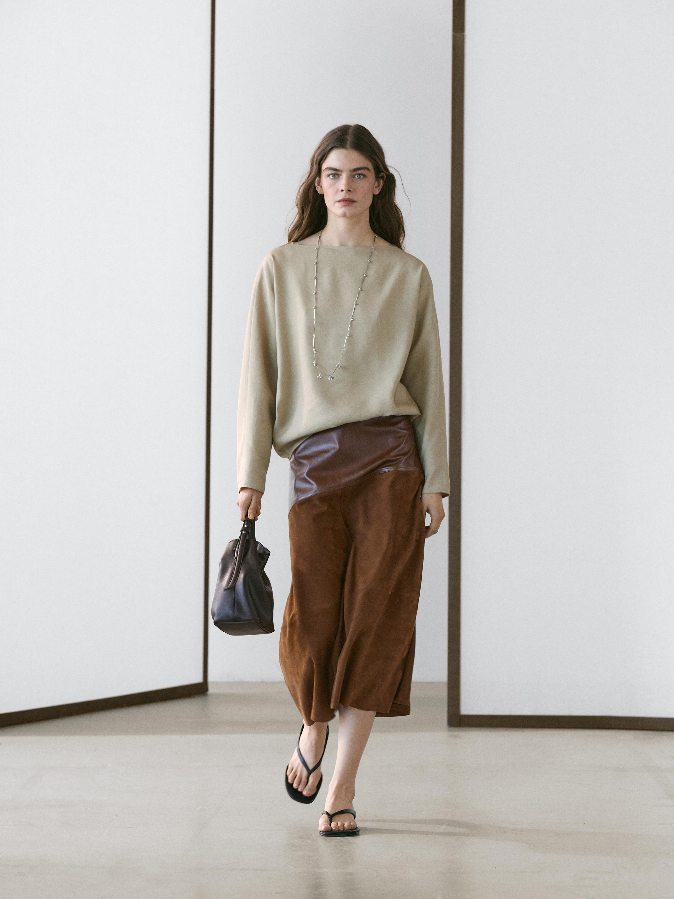 Suede nappa leather skirt with asymmetric yoke — BROWN